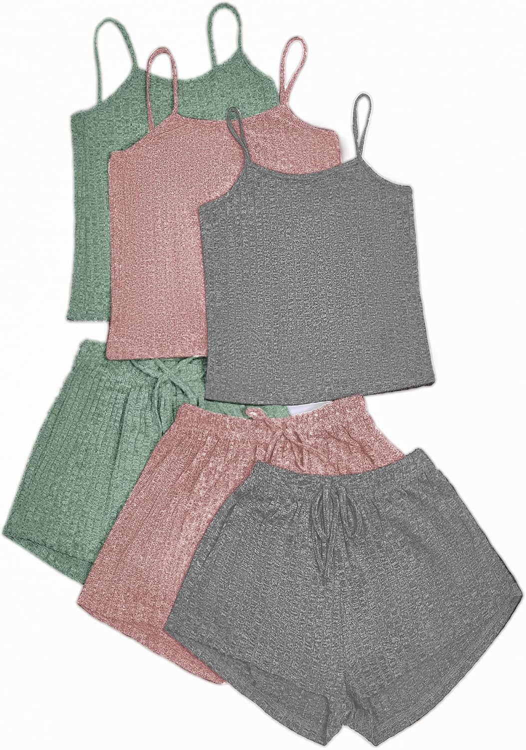 Womens 3 Sets for Women Ribbed Pajamas Crop Cami Top and Shorts Pjs Sleeveless Button Lounge Set Sleepwear