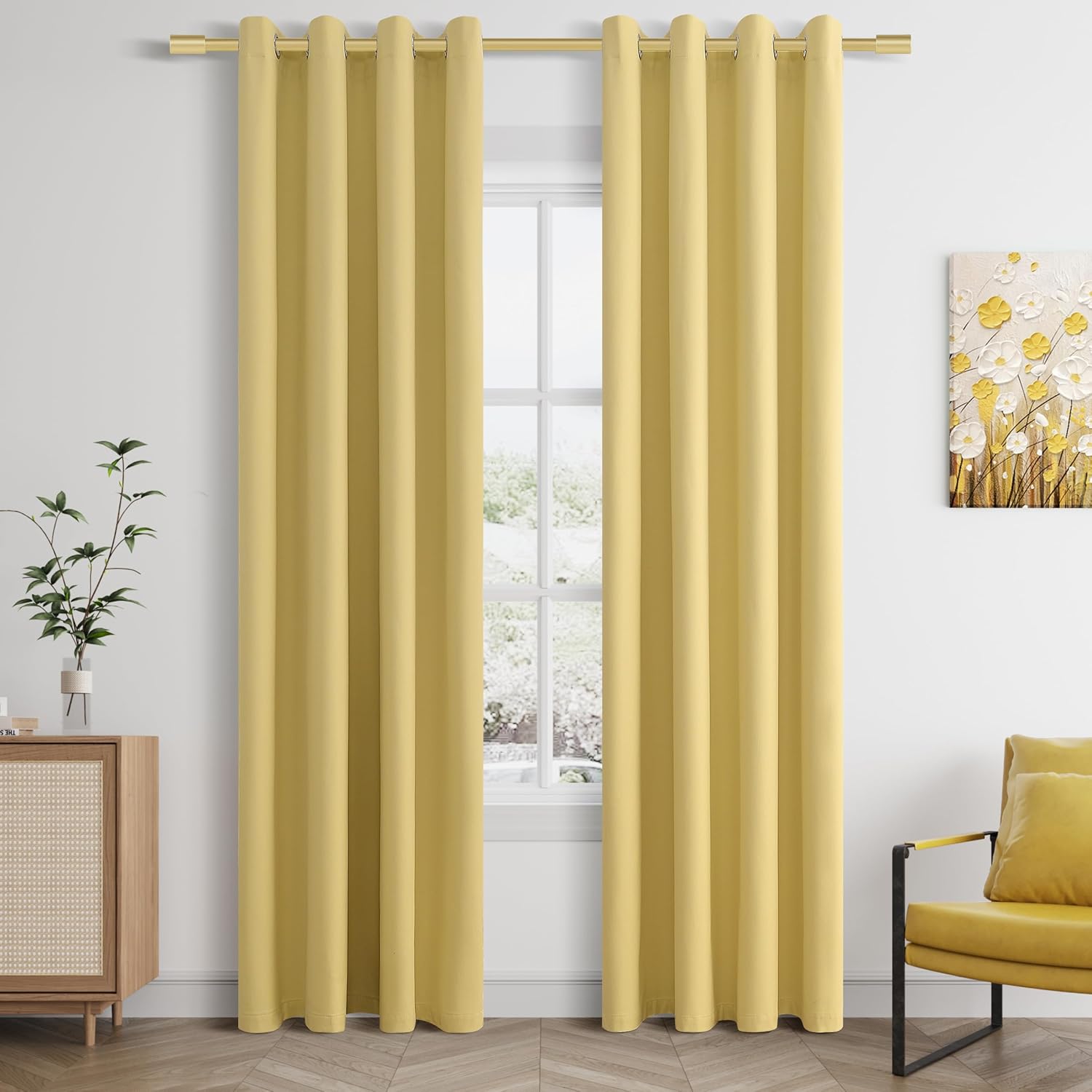 Yellow Linen Blackout Curtains 84 Length 2 Panels Set for Living Room Bedroom, 100% Black Out Thermal Insulated Linen Drapes, Room Darkening Grommet Curtains 84 Inches Long, Yellow