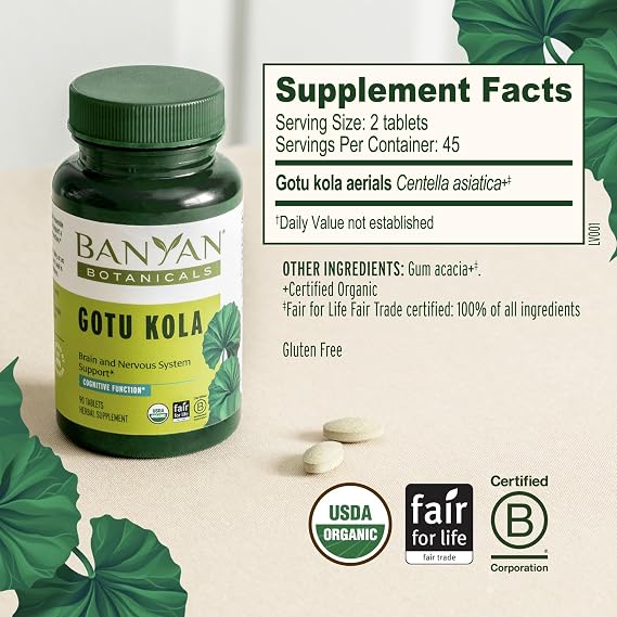 Banyan Botanicals Organic Gotu KolaNootropic Brain Supplement for Mental Clarity, Memory & FocusAdaptogen for Stress Relief & Brain SupportCentella Asiatica Tablets90 TabletsUSDA Organic