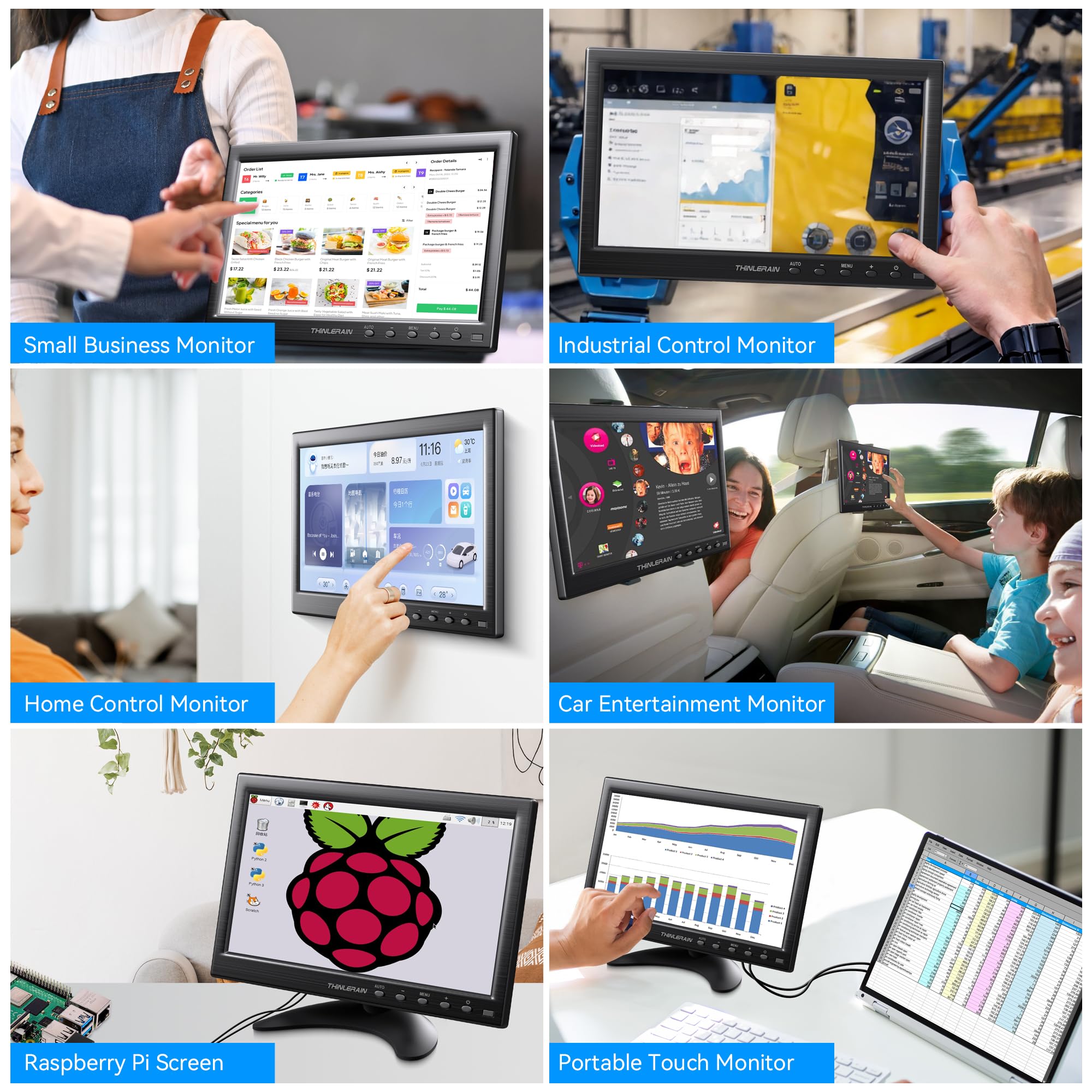 10,1 Zoll Touchscreen Monitor – 1366x768 HD IPS 16:9, HDMI/VGA/BNC/AV, eingebaute Lautsprecher, VESA 75x75 –Kleiner Monitor für PC, Raspberry Pi, Fire TV Stick, Küche, Auto, Überwachung