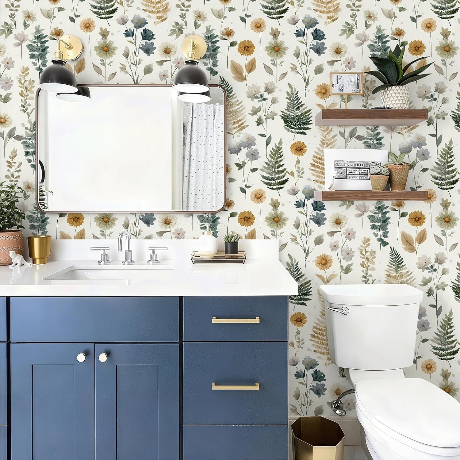 Watercolor Wildflower Botanical Floral Wallpaper Peel and Stick Removable 17.7" x 236.22" Mustard Daisy Sage Fern Wall Paper Self Adhesive for Classroom Bedroom Laundry Room Bathroom