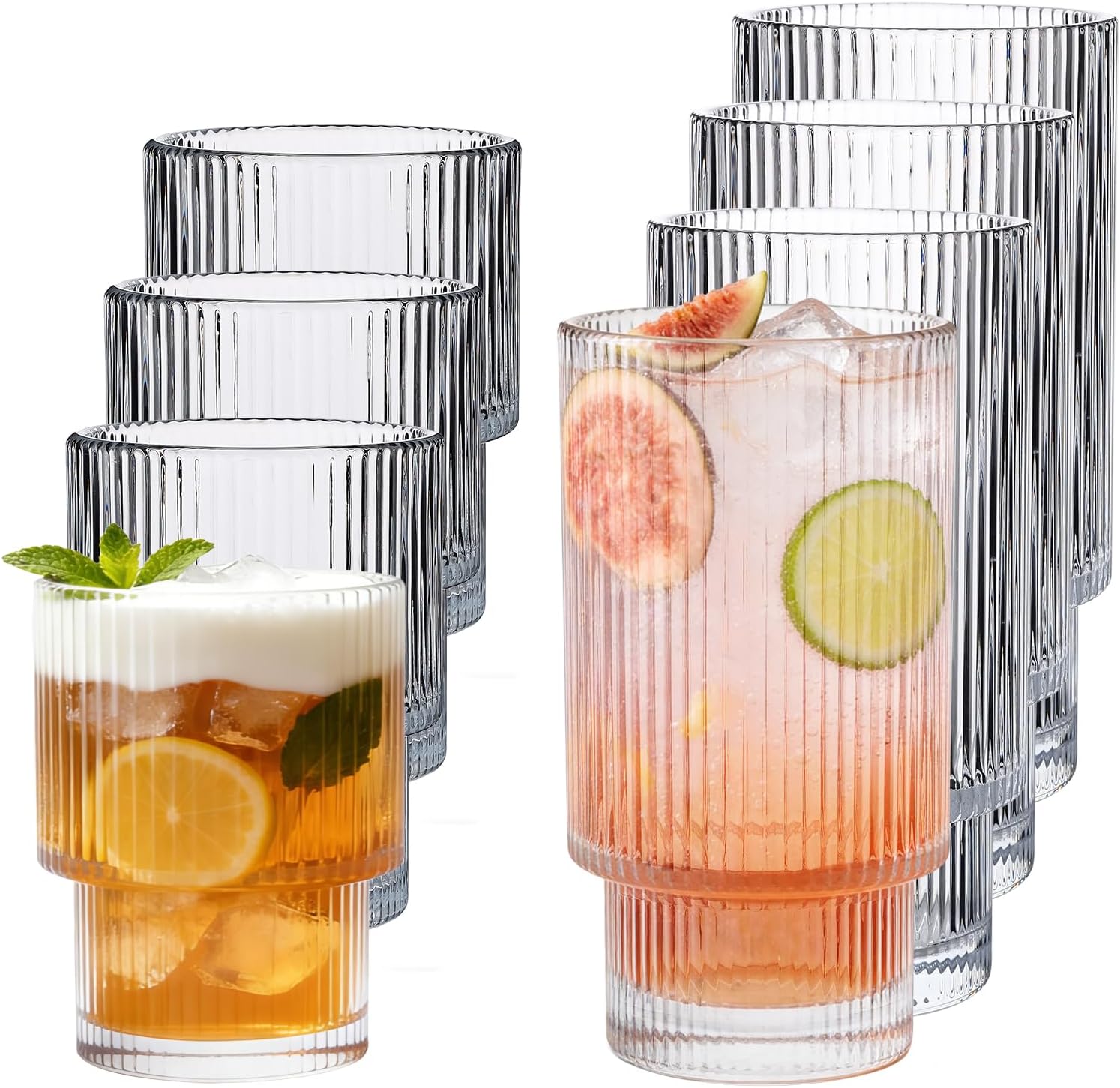Drinking Glasses Set of 8, 16oz Glass Cups & 7oz Glasses Drinking Set, Stackable Drinkware Set, Vintage Glassware for Iced Coffee, Whiskey, Juice, Cocktail