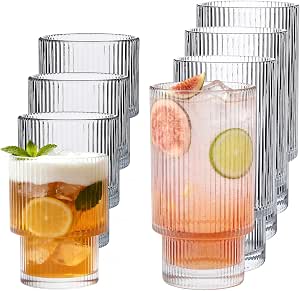 Ribbed Glass Cups Set of 8, Stackable Fluted Drinking Glasses 16oz & 7oz
