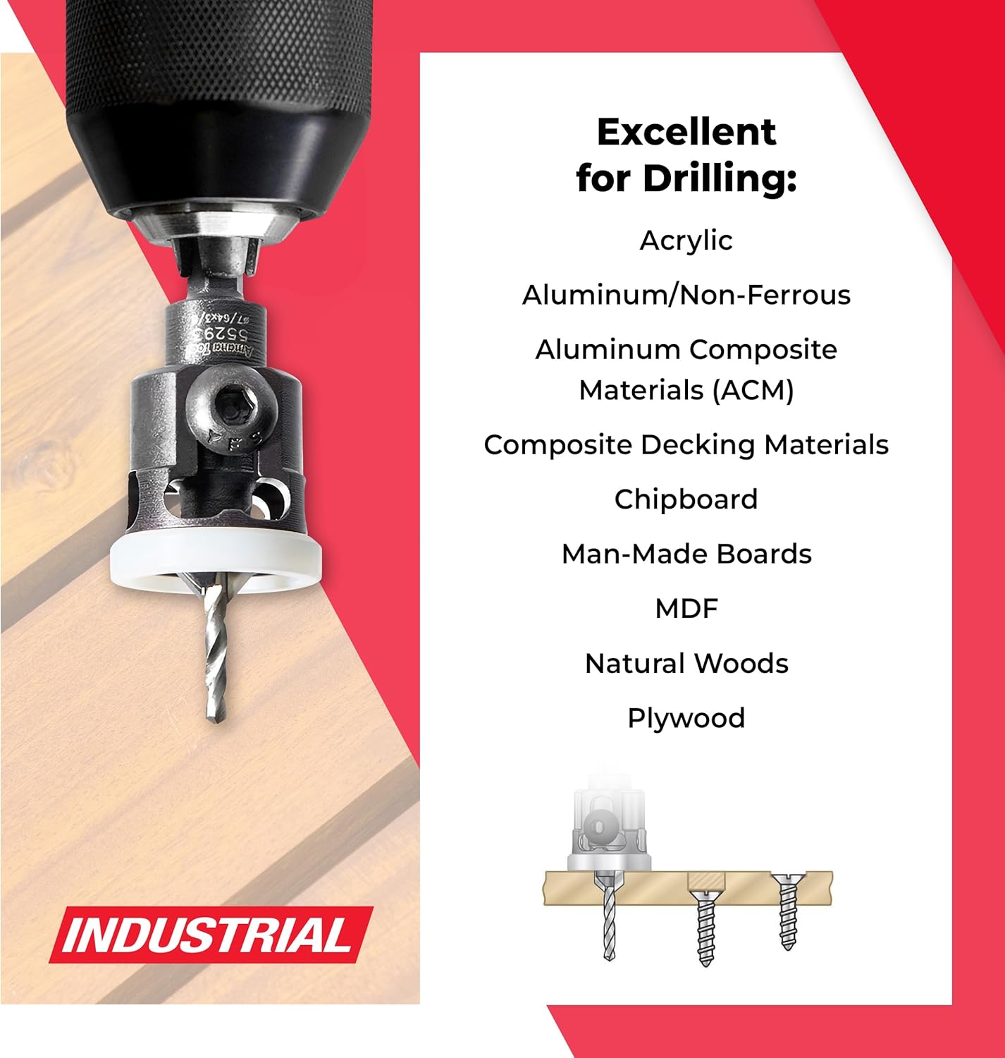 Amana Tool 82 Degree Countersink with Adjustable Low Friction Drill Bit Depth Stop, 55293, 3/8 D x 7/64 Drill D x 1/4 Inch Quick Release Hex Shank