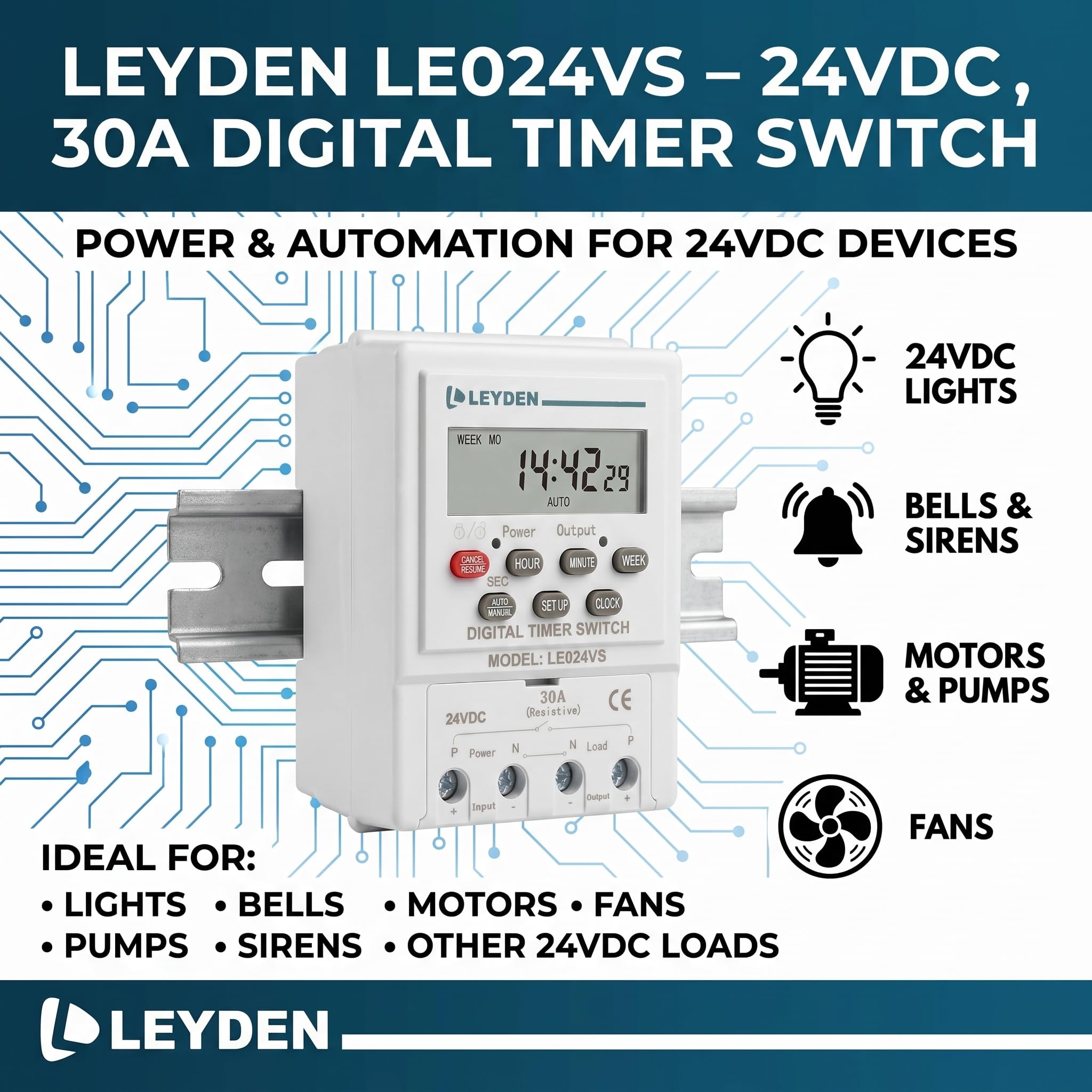 LEYDEN® LE024VS, 24VDC, Digital Timer Switch 24 on Off Programs & Cyclic Timer for DC Light, Motor, Bell, Siren, Fan, Fogger, Hydroponic, Drip Irrigation & Other Application 4