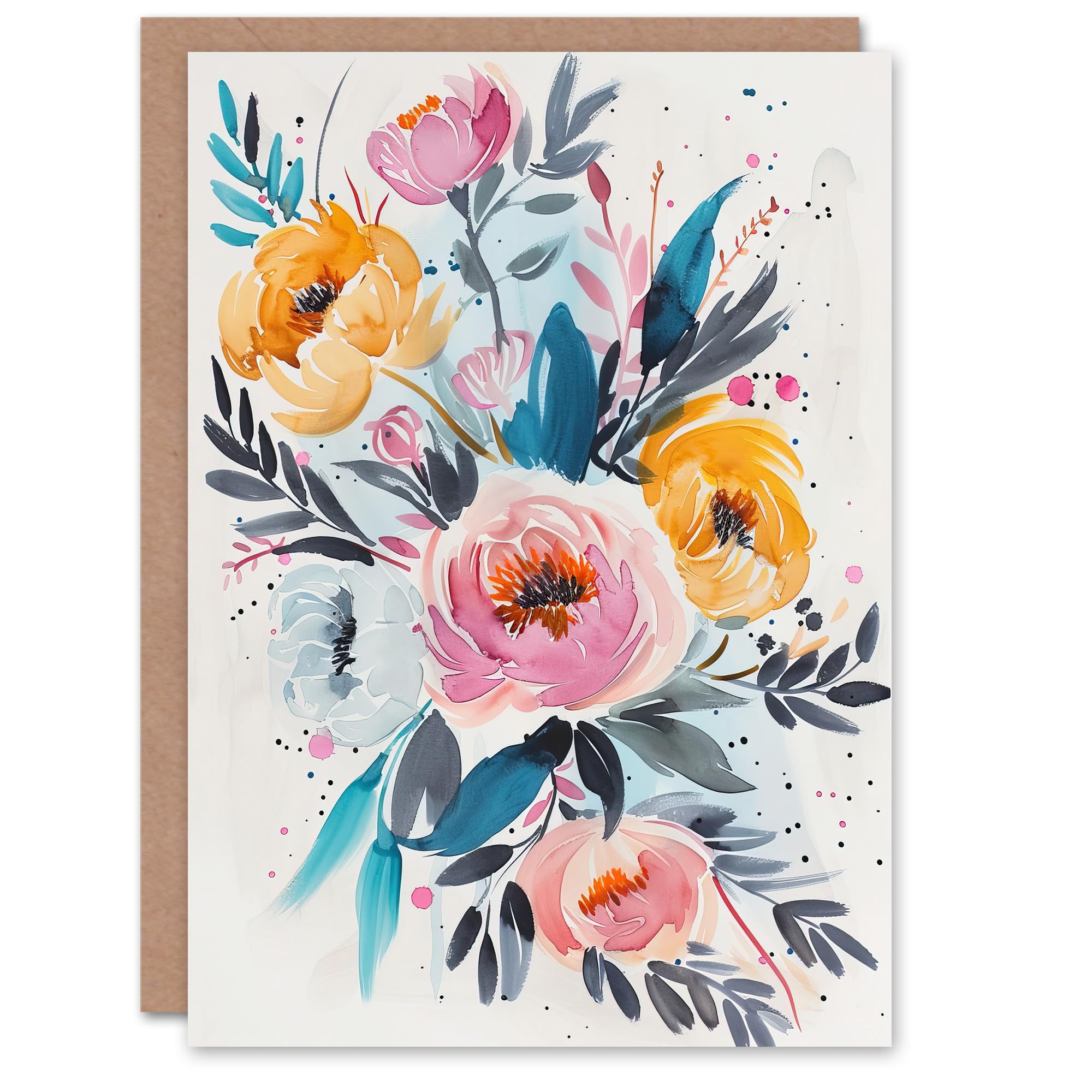 Artery8 Greeting Card Elegant Peony Flower Bouquet Floral Watercolour For Her Woman Mother's Day Card