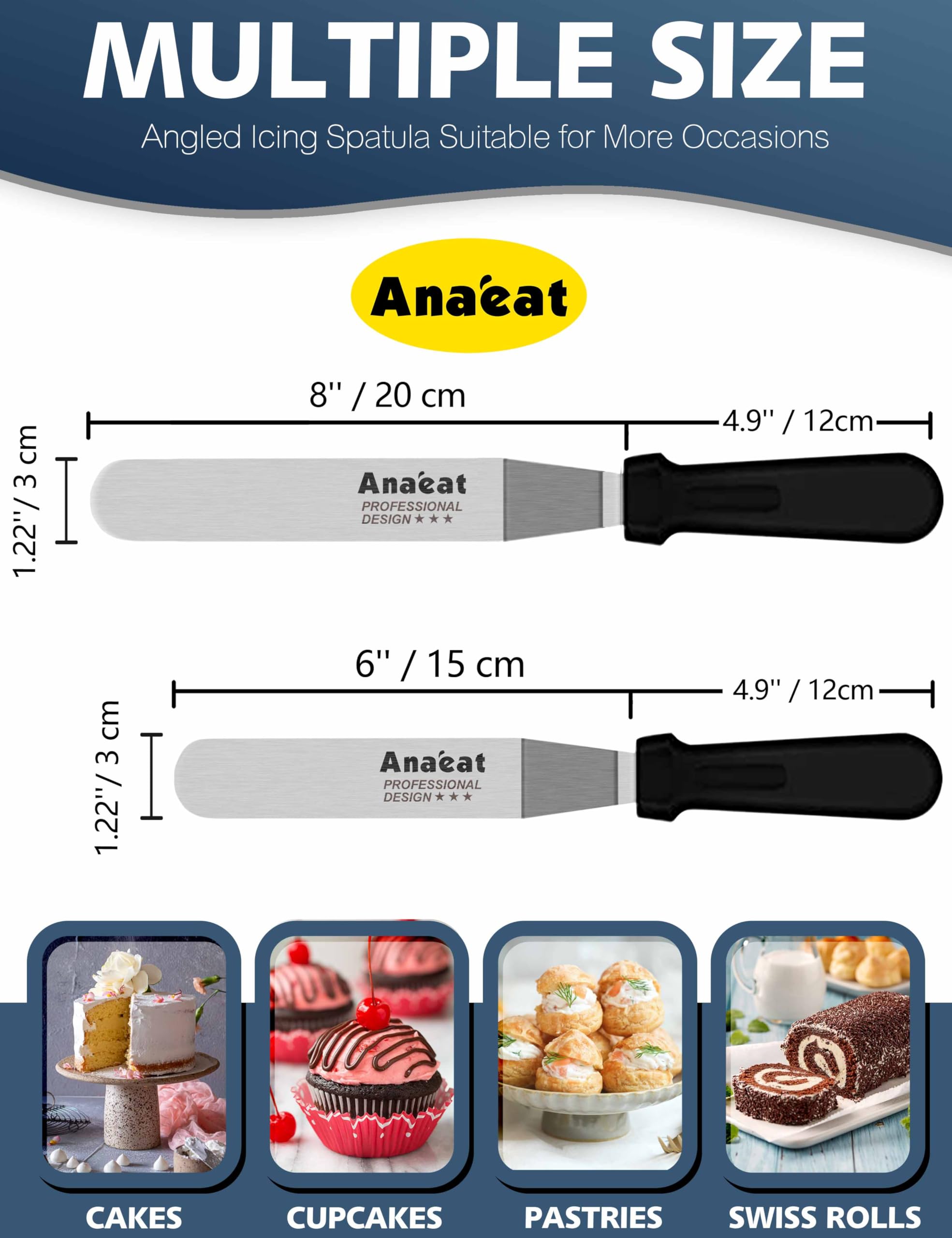 ANAEAT Lot de 2 spatules professionnelles de 15,2 cm en acier inoxydable - Couteau à glace épais avec poignée en plastique durable pour décorer et