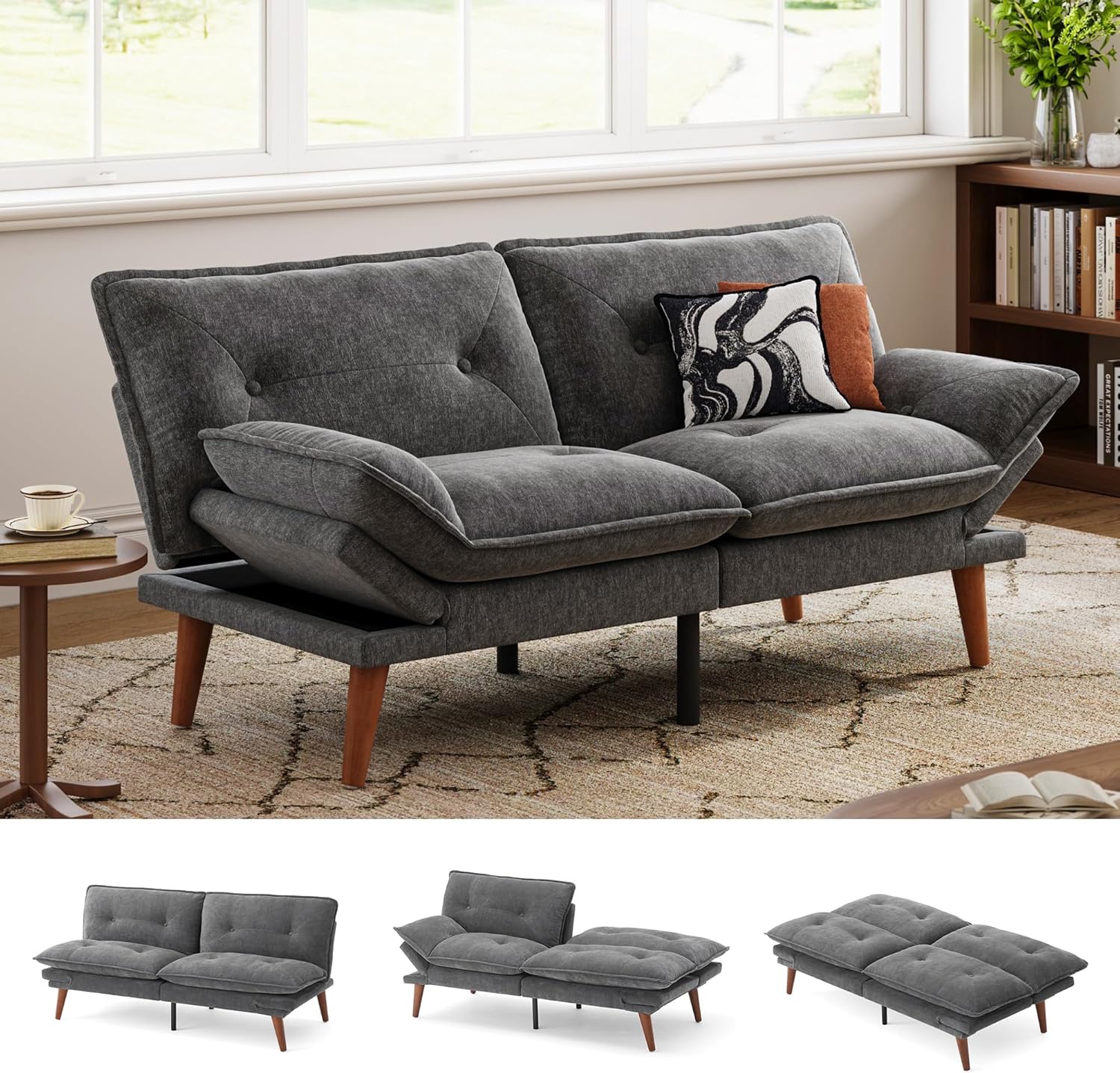 LINSY HOME Futon Sofa Bed, 70" Chenille Futon Couch with Adjustable Backrest Armrest, 3 in 1 Convertible Comfy Loveseat Sleeper Sofa Bed for Small Spaces Dorm Room Apartment Home Office, Dark Grey