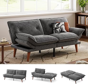LINSY HOME Futon Sofa Bed, 70" Chenille Futon Couch with Adjustable Backrest Armrest, 3 in 1 Convertible Comfy Loveseat Sleeper Sofa Bed for Small Spaces Dorm Room Apartment Home OfficeDark Grey