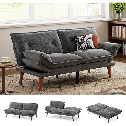 LINSY HOME Futon Sofa Bed, 70" Chenille Futon Couch with Adjustable Backrest Armrest, 3 in 1 Convertible Comfy Loveseat Sleeper Sofa Bed for Small Spaces Dorm Room Apartment Home Office, Dark Grey