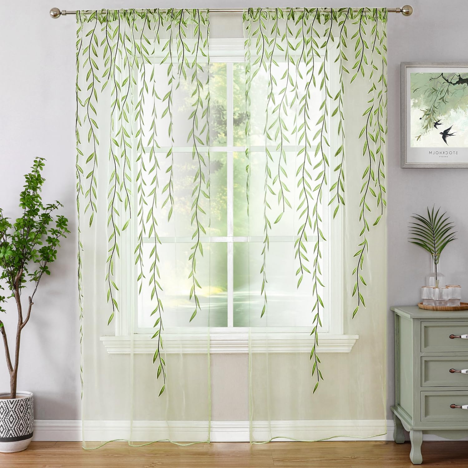 Leaf Sheer Curtains 2 Panels, Vine Patterned Green Sheers Rod Pocket Leaves Voile Drapes Willow Design Window Curtain for Bedroom, Living Room, Balcony, Sunroom,Doorway Decor