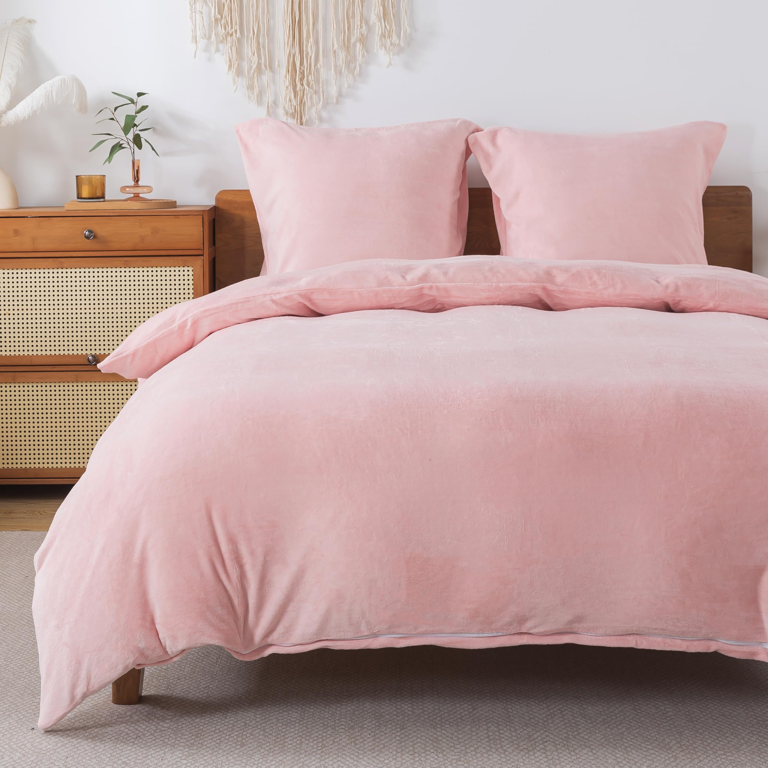 Juego de ropa de cama esponjosa de 200 x 200 cm, color rosa – Edredón de otoño invierno con 2 fundas de almohada de 80 x 80 cm, juego de ropa de cama de castor cálido, suave y acogedor