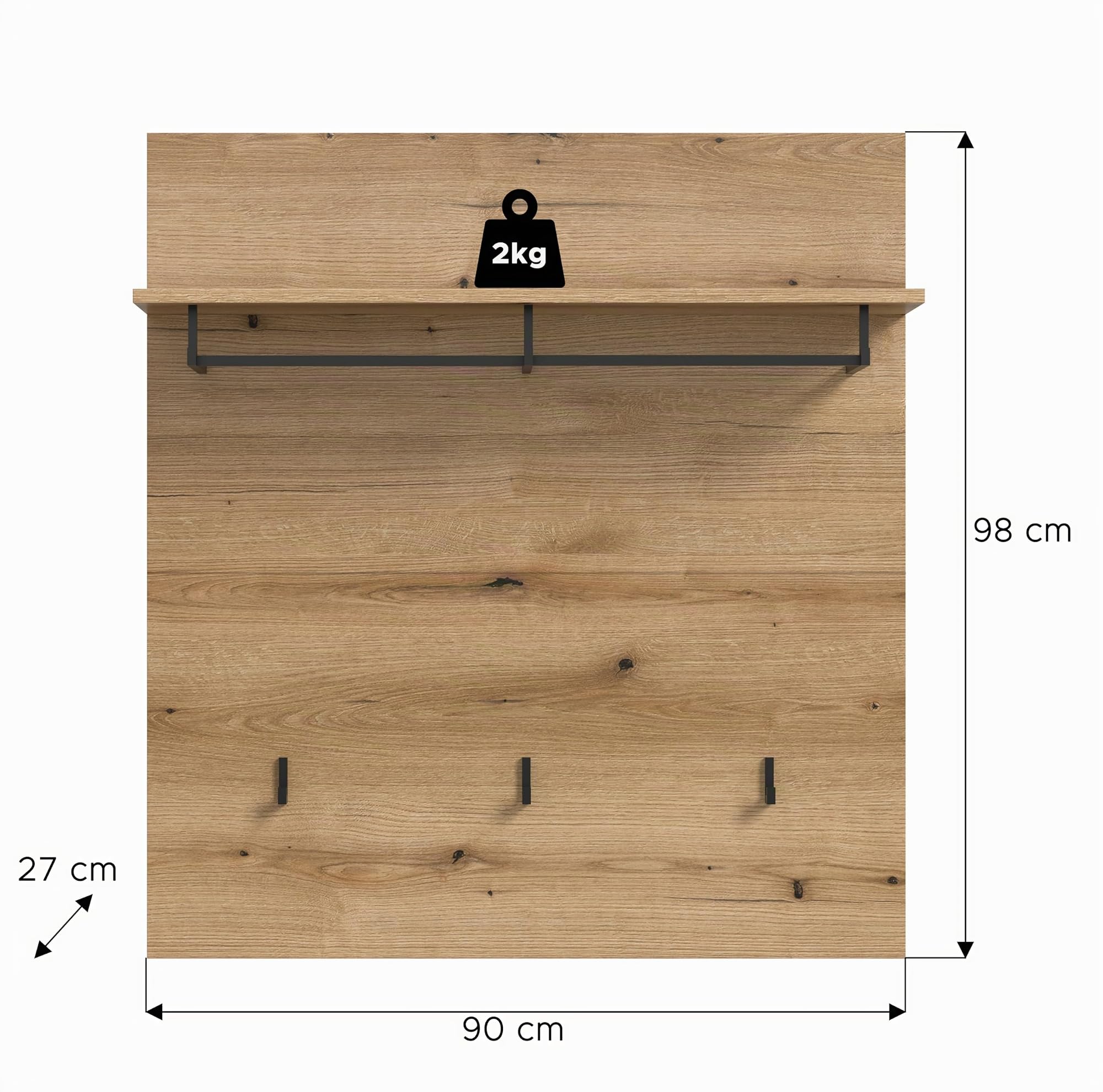 xonox.home Garderobe Scout Wandpaneel Paneel Wandboard Wandgarderobe Garderobenwand Garderobenpaneel Flurpaneel in Evoke Oak Eiche Nb., ca. 90x98x27 cm