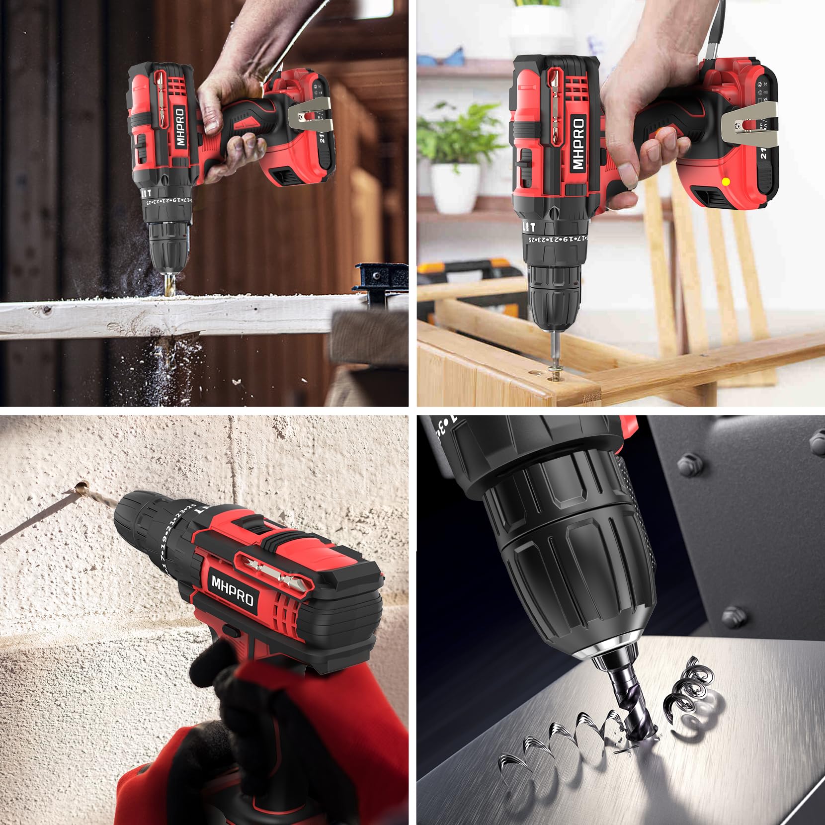 MHPRO Trapano Avvitatore Batteria 21V, Avvitatore a Batteria con Batterie 2.0Ah, 42Nm Avvitatore Elettrico, 25+3 Coppie, 2 Velocità, 23CS Accessori, LED Luce per Casa Progetto