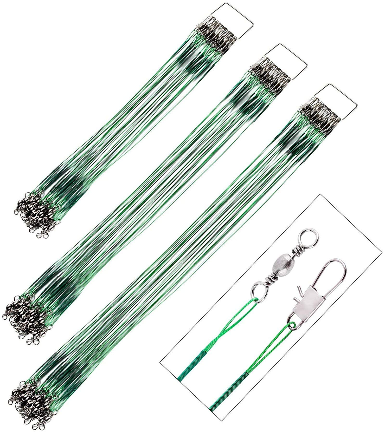 KEAIDO 60pcs Fishing Leaders Line Wire with Swivels and Snap Beads, Connect Lure Bait and Rig Hook, Tooth Proof Strand Gear Stainless Steel Terminal Tackle for Salt Fresh Water (Green)