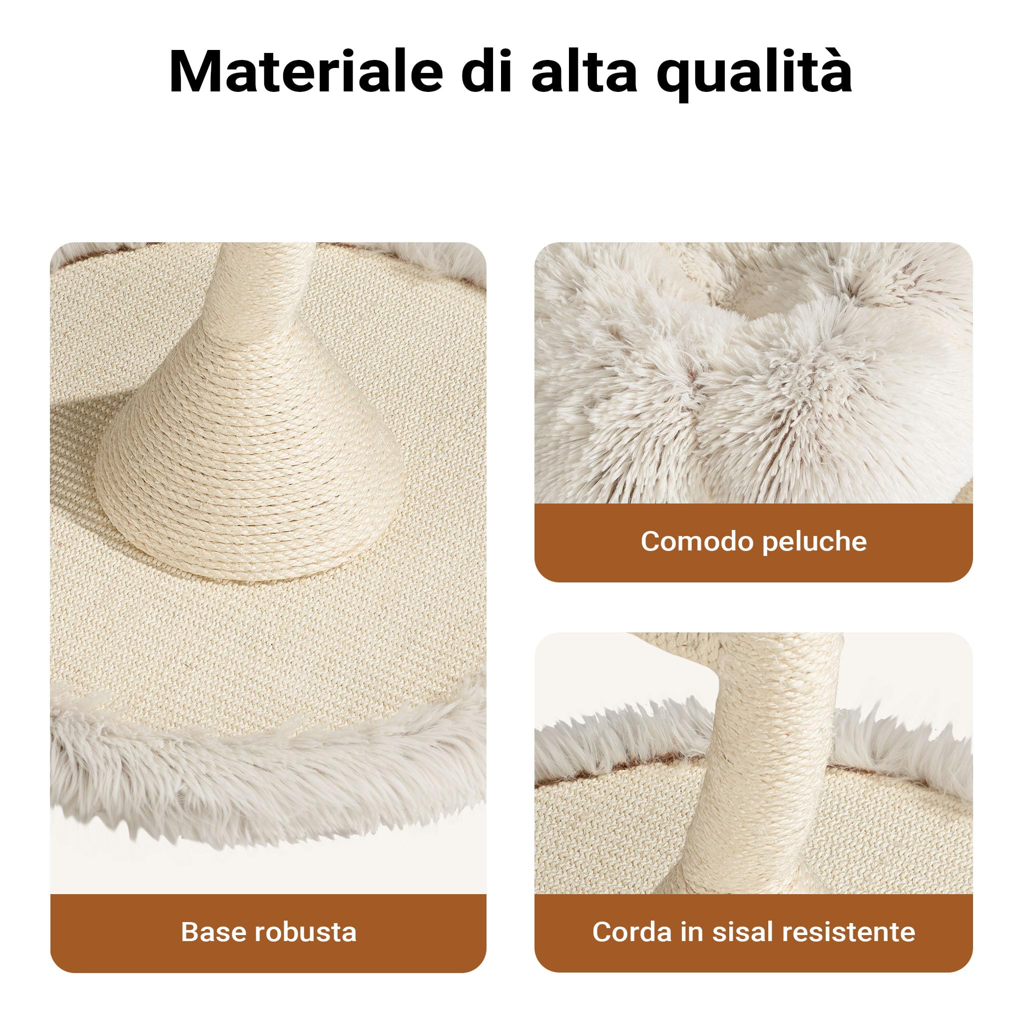 Fudajo Albero tiragraffi per gatti di design con 3 piattaforme, Ø 59 cm, altezza 125 cm, portata max. 15 kg, beige con sisal e peluche, colonna con 3 livelli