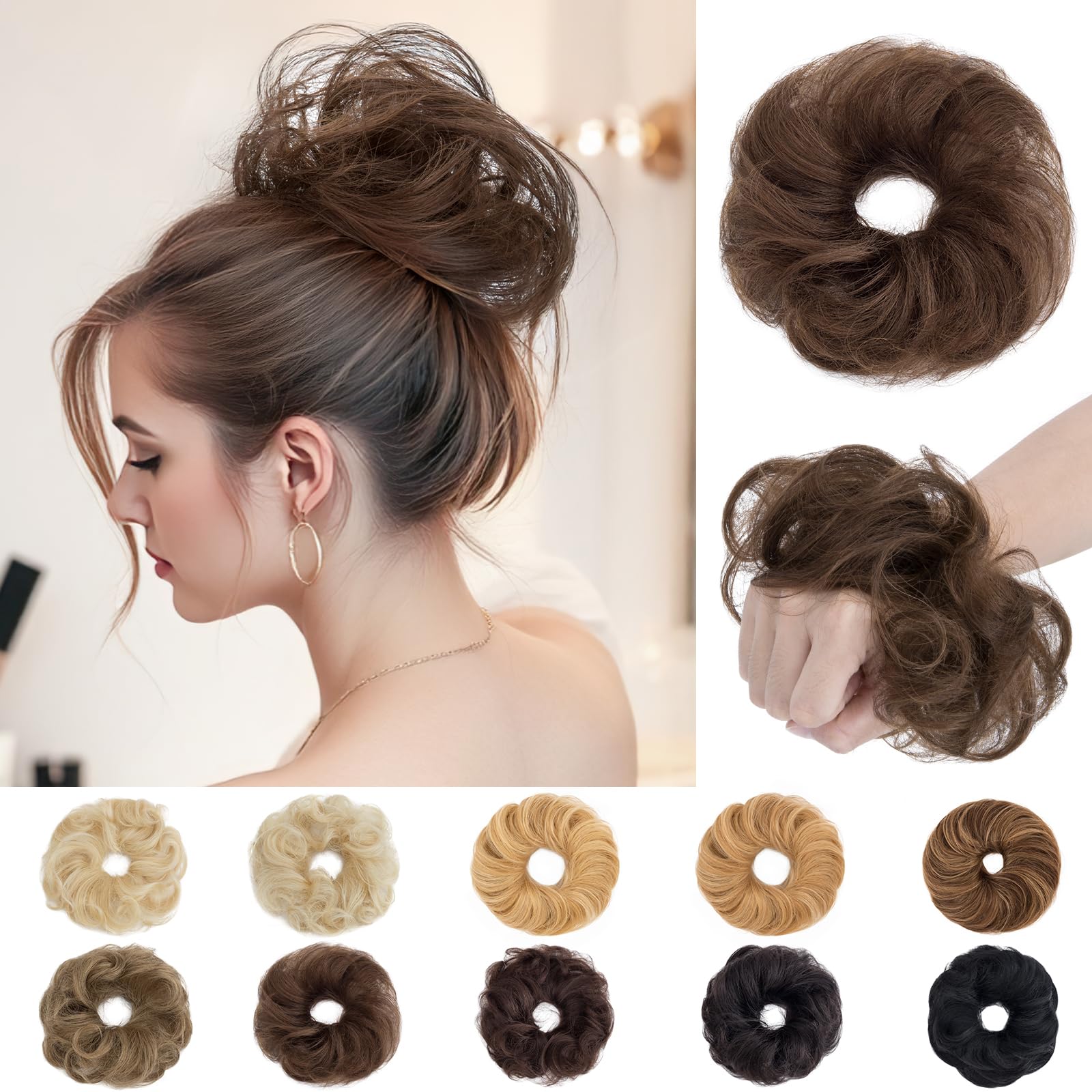 SEGO Pro Messy Bun Hair Piece Human Hair Wavy Curly Messy Bun Scrunchie Updo Hairpieces Donut Chignon Ponytail Extensions for Women Girls #04