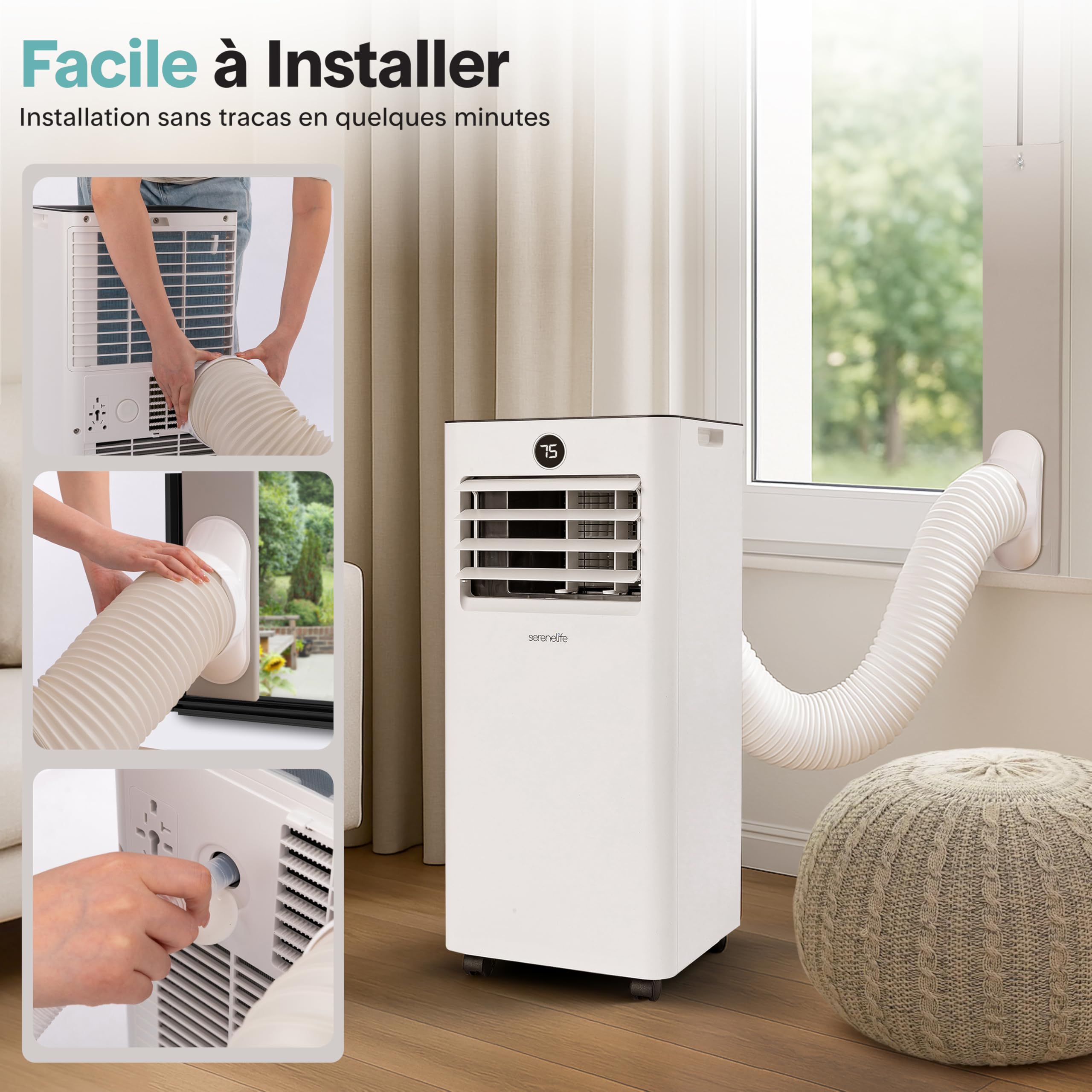 SereneLife Climatiseur Mobile 9000 BTU 2,34 kW Chauffage – Climatiseur Portable avec Évacuation, Ventilateur et Déshumidificateur, Compact avec Télécommande et Kit Fenêtre Gris