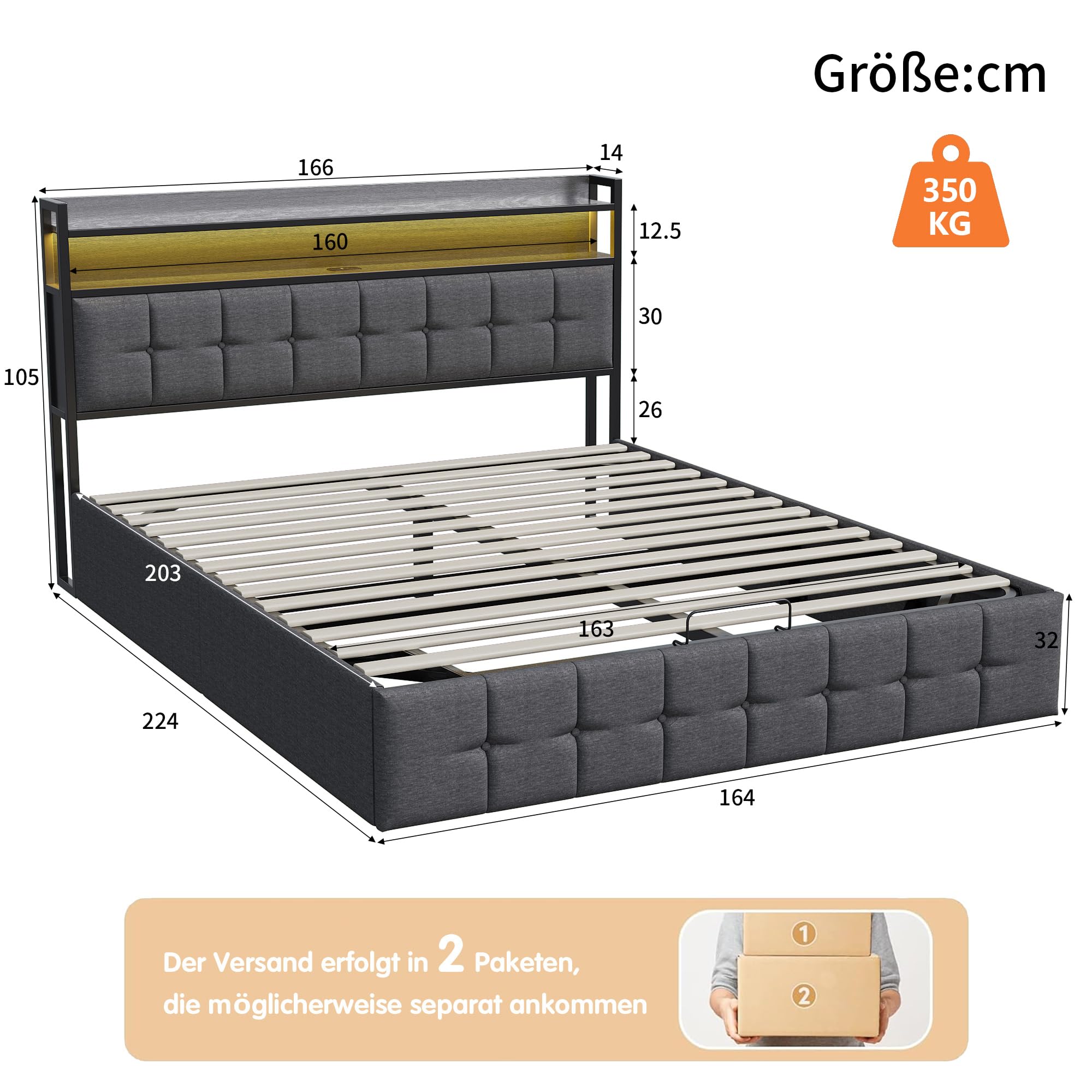 Letto imbottito 160 x 200 cm con Luci LED e Contenitore, letto matrimoniale con USB,letto imbottito con capacità idrauliche, 2 persone, per Adulti e Adolescenti