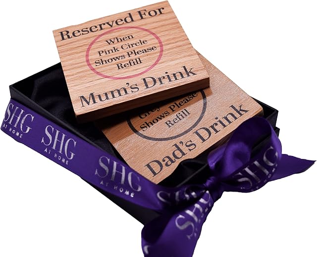 Reserved for Mum and Dad's Drinks Solid Oak Coaster Set. Gift for Parentsarents from child. 10cm Square Coasters. Set of two. Packaged in a Gift Box. New parent gift. (Mum and Dad)