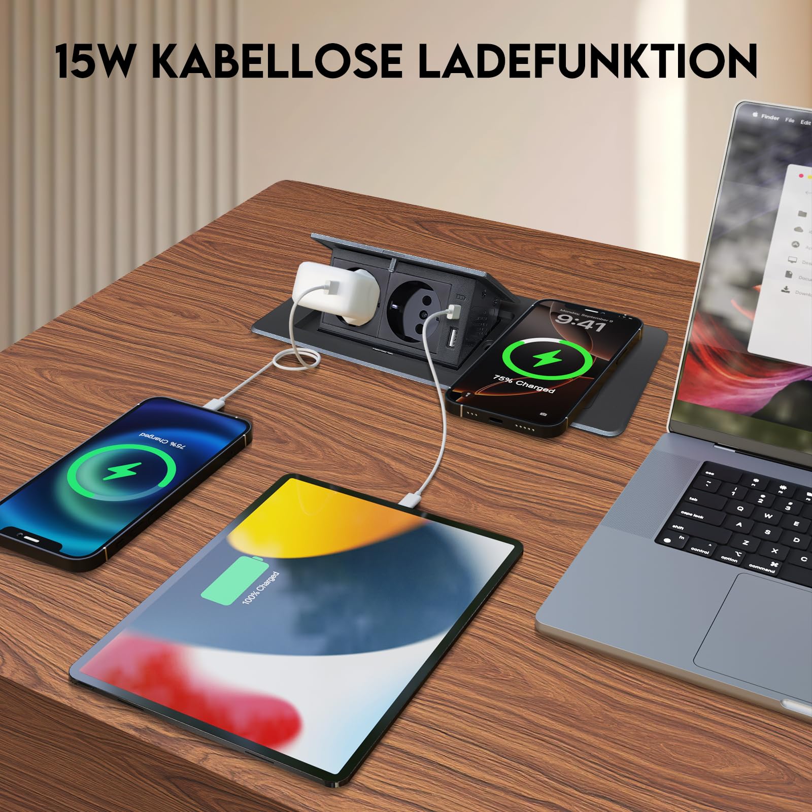 Ohuo Inbouwstekkerdoos met PD 20W USB C en 15 W draadloos opladen, inbouw tafelstopcontact met USB C PD 20 W, 3-voudig inbouwstopcontact met USB en deksel, 2 m kabel