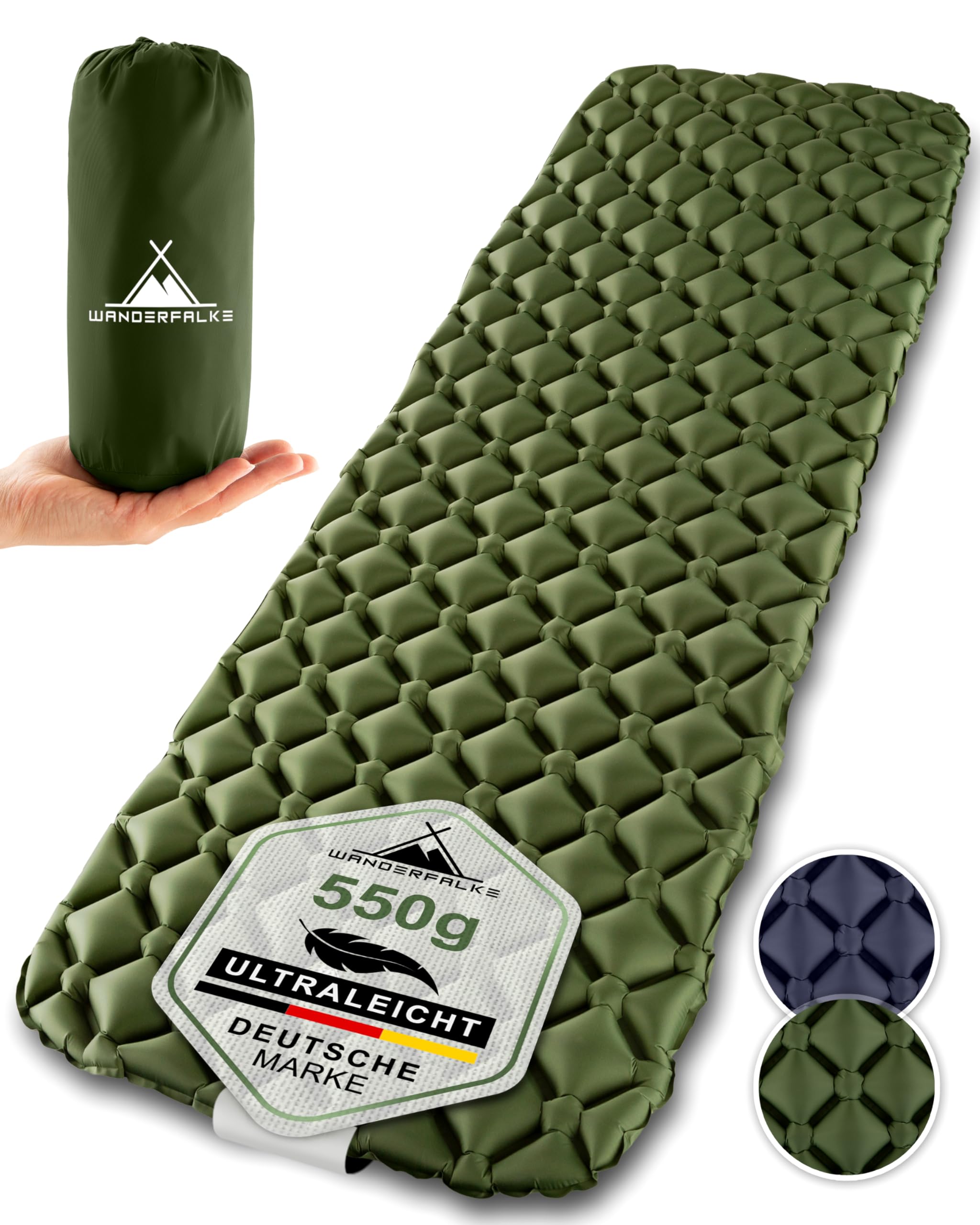 WANDERFALKE Materassino gonfiabile ultraleggero, 550 g, (larghezza XL 66 cm), da campeggio con ingombro ridotto, per attività all'aperto, campeggio, escursioni e ciclismo