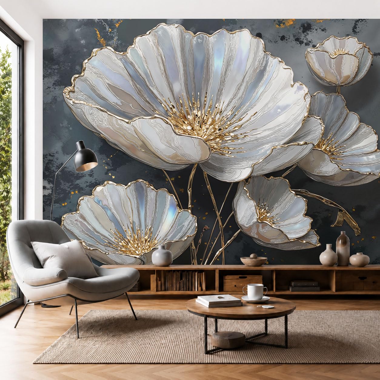 Papier peint photo Soie, Luxe sombre Fleurs et bourgeons argentés, 450x315cm | Papier peint Soie de haute qualité, pour salon et chambre, revêtement mural, papier peints effet 3D Gris argenté