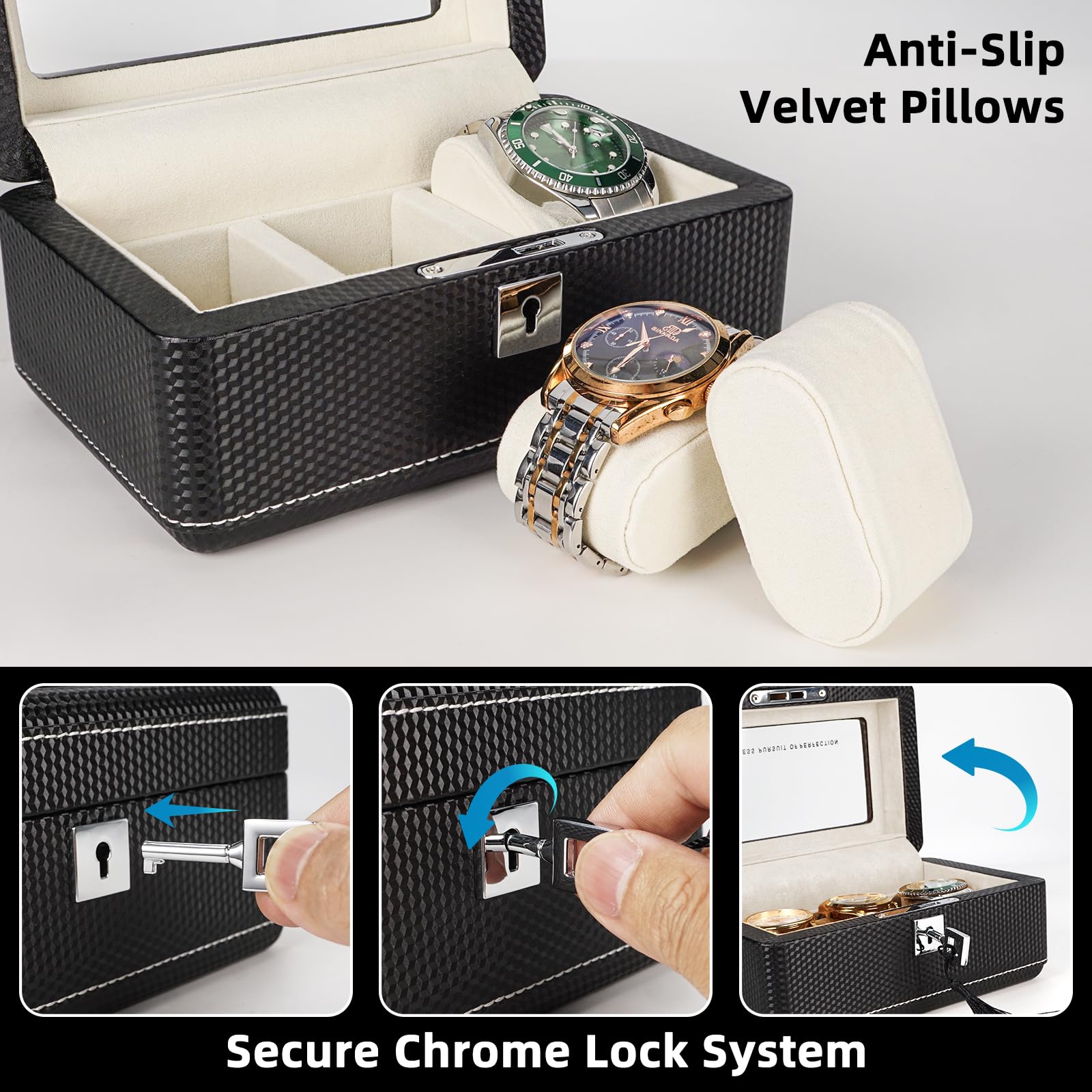 Scatola per orologi in pelle di alta qualità in fibra di carbonio per 3 orologi, con serratura, portatile, con vetrina, regalo ideale per collezionisti di orologi, viaggiatori, lui/lei,