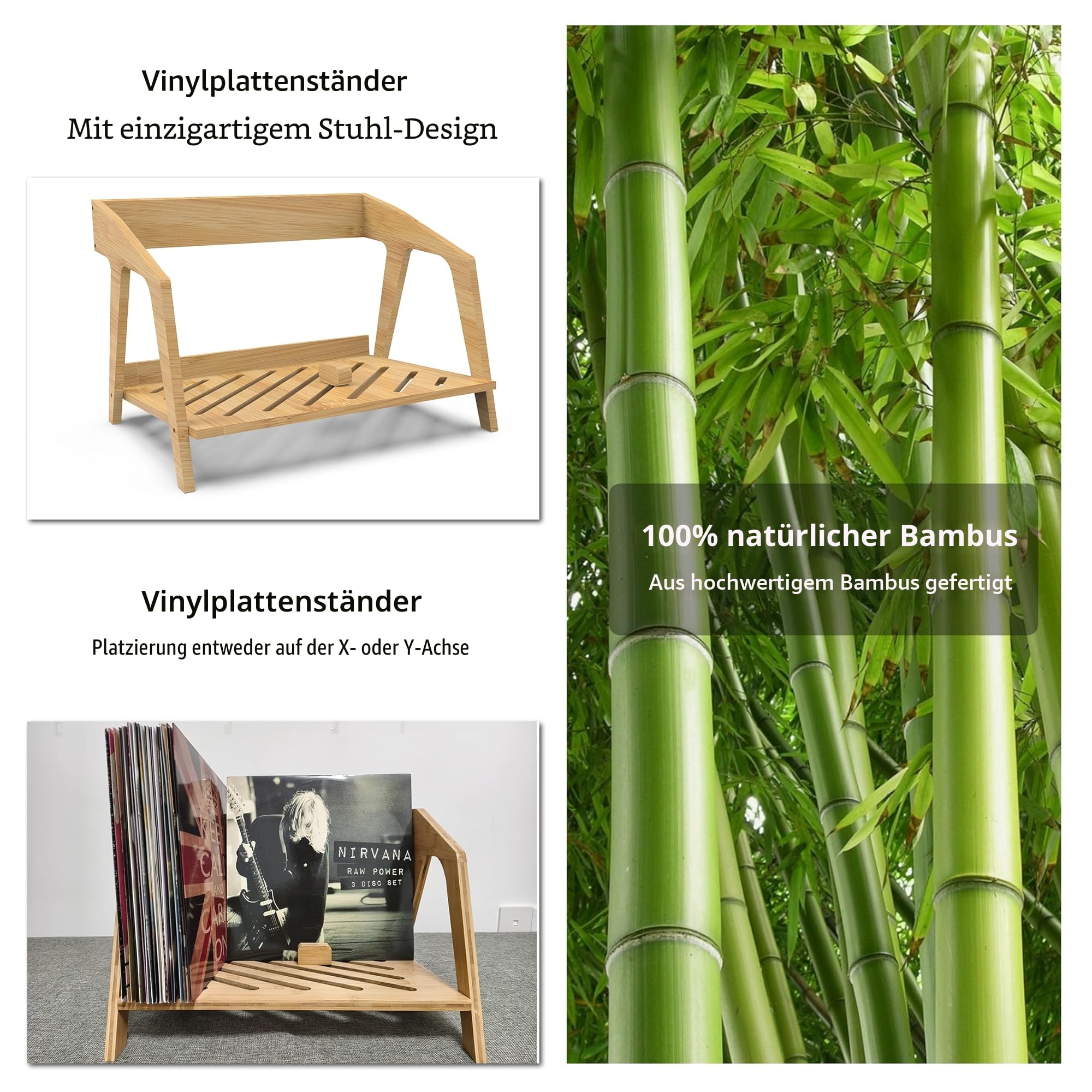 Schallplattenhalter aus Bambus, stilvolles Stuhl-Design, für bis zu 80 30,5 cm LPs, elegant für Schallplatten, CD-Halter, Zeitschriftenständer, Buchhalter (Natur)