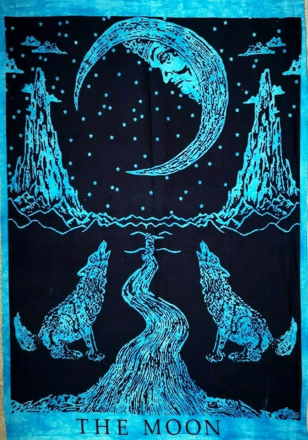 AVA Collections Tapestry Multicoloured Wall Hanging Psychedelic Tapestries Indian Cotton Poster Picnic Sheet Wall Decor Blanket Wall Art Hippie Bedroom Décor (Blue, Crying Wolf and Moon)