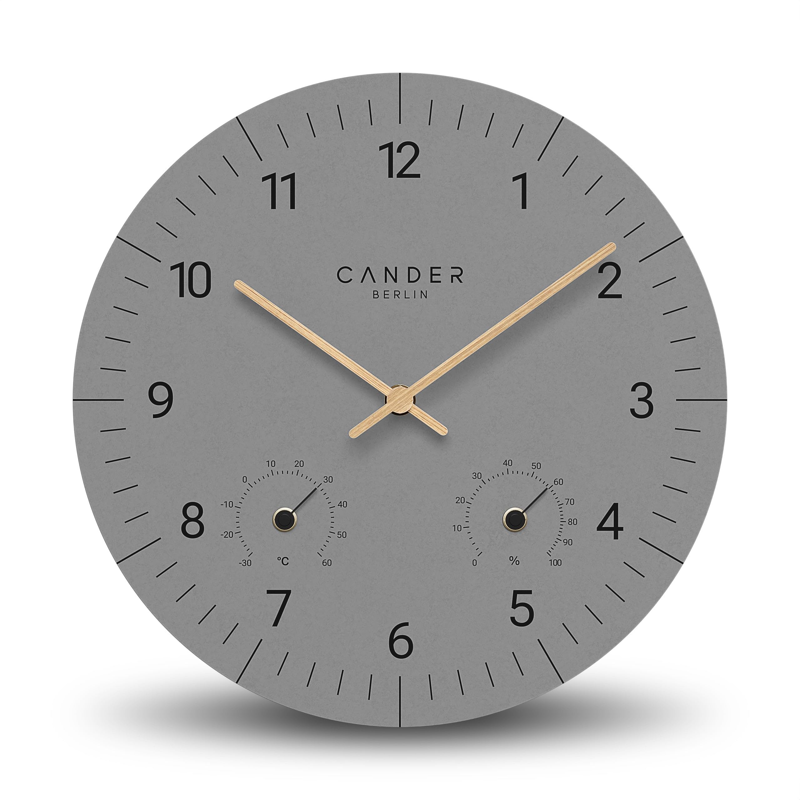 Cander Berlin MNU 2630 X Wanduhr MDF lautlos ohne Tickgeräusche 30 cm Temperatur Luftfeuchtigkeit analog grau Holzzeiger