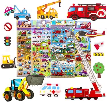 3D Puffy Stickers for Kids Reusable Car Sticker for Toddler, Boys, Girls Includes Truck Construction Tractor - 4 Sheets Vehicle