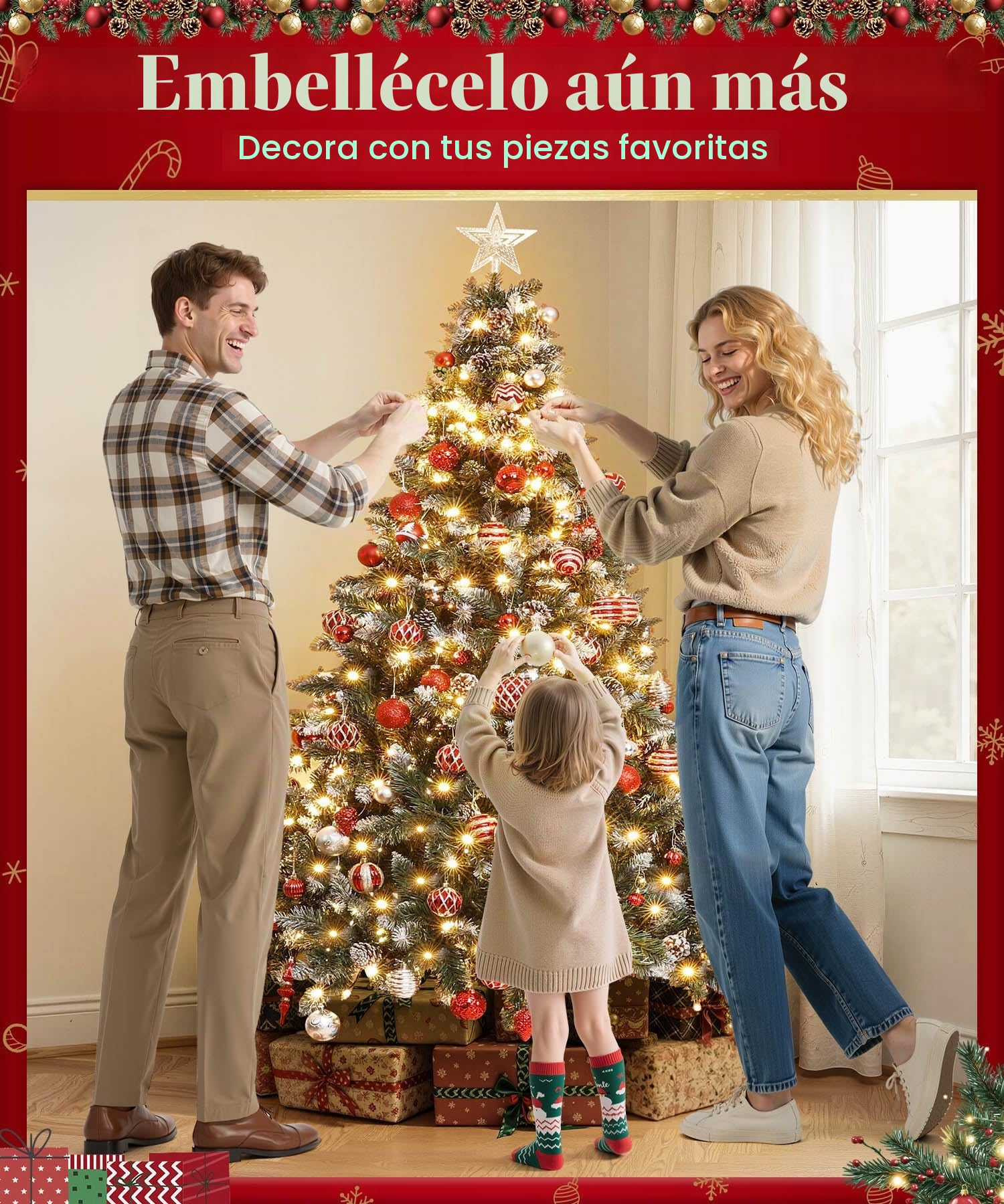 Yorbay árbol de Navidad Artificial con iluminación y Nieve Blanca, árbol de Navidad LED para decoración navideña con piñas Reales, Resistente al Fuego (180 cm)