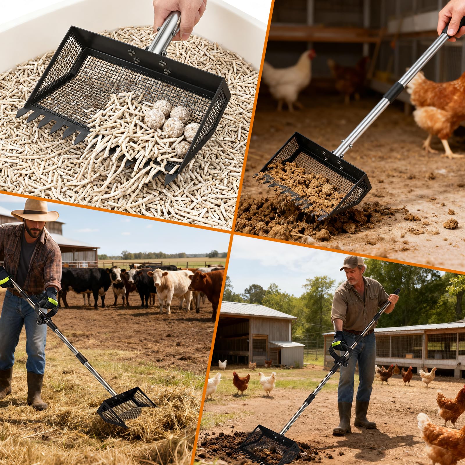 25.5cm Hühnerkotschaufel mit Ergonomischem Griff, Hühner Zubehör Siebschaufel Metall, 4-In-1 Verstellbare 89-190cm Chicken Poop Scooper Zum Reinigen von Hühnerställen Ziegenställen Ställen