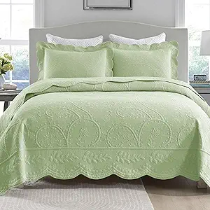 MarCielo 3-Piece 100% Cotton Oversized Bedspread Lightweight Quilt Coverlet Embroidery Farmhouse Bedding Set (TX Pale Green, Oversized King (118"x106"))