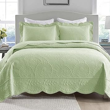 MarCielo 3-Piece 100% Cotton Oversized Bedspread Lightweight Quilt Coverlet Embroidery Farmhouse Bedding Set (TX Pale Green, Oversized King (118"x106"))