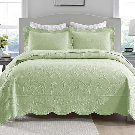 MarCielo 3-Piece 100% Cotton Oversized Bedspread Lightweight Quilt Coverlet Embroidery Farmhouse Bedding Set (TX Pale Green, Oversized King (118"x106"))