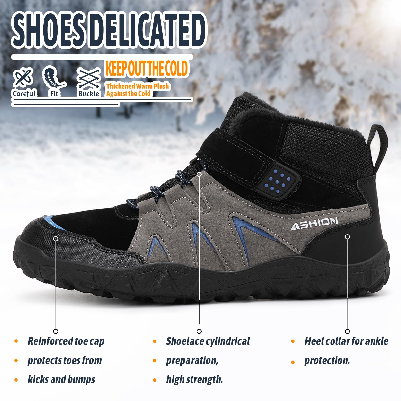 Littleplum Winterschuhe Jungen Winterstiefel Kinder Barfussschuhe Winter Warm Gefüttert Schneestiefel Wanderstiefel(B Grau Blau,33EU)