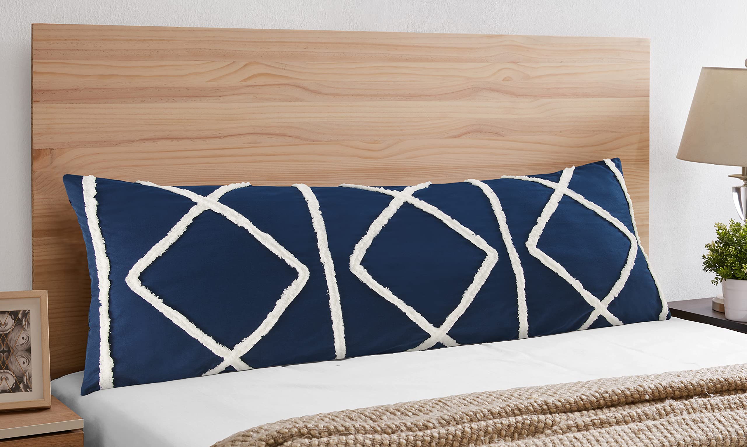 Bohemian Boho Chic Dark Navy Blue and Ivory Macrame Tufted Tassel Accent Decorative Couch Long Throw Zipper Body Pillow Cover Case 54x20 Solid