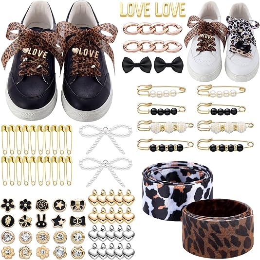 84 Pcs Shoe Charms for Sneakers Leopard Shoelaces Pearl Rhinestone Brooches and Pins for Women DIY Shoe Jewelry Charms for Socks Laces Sneakers, Safety Pins Buttons for Clothes Accessories