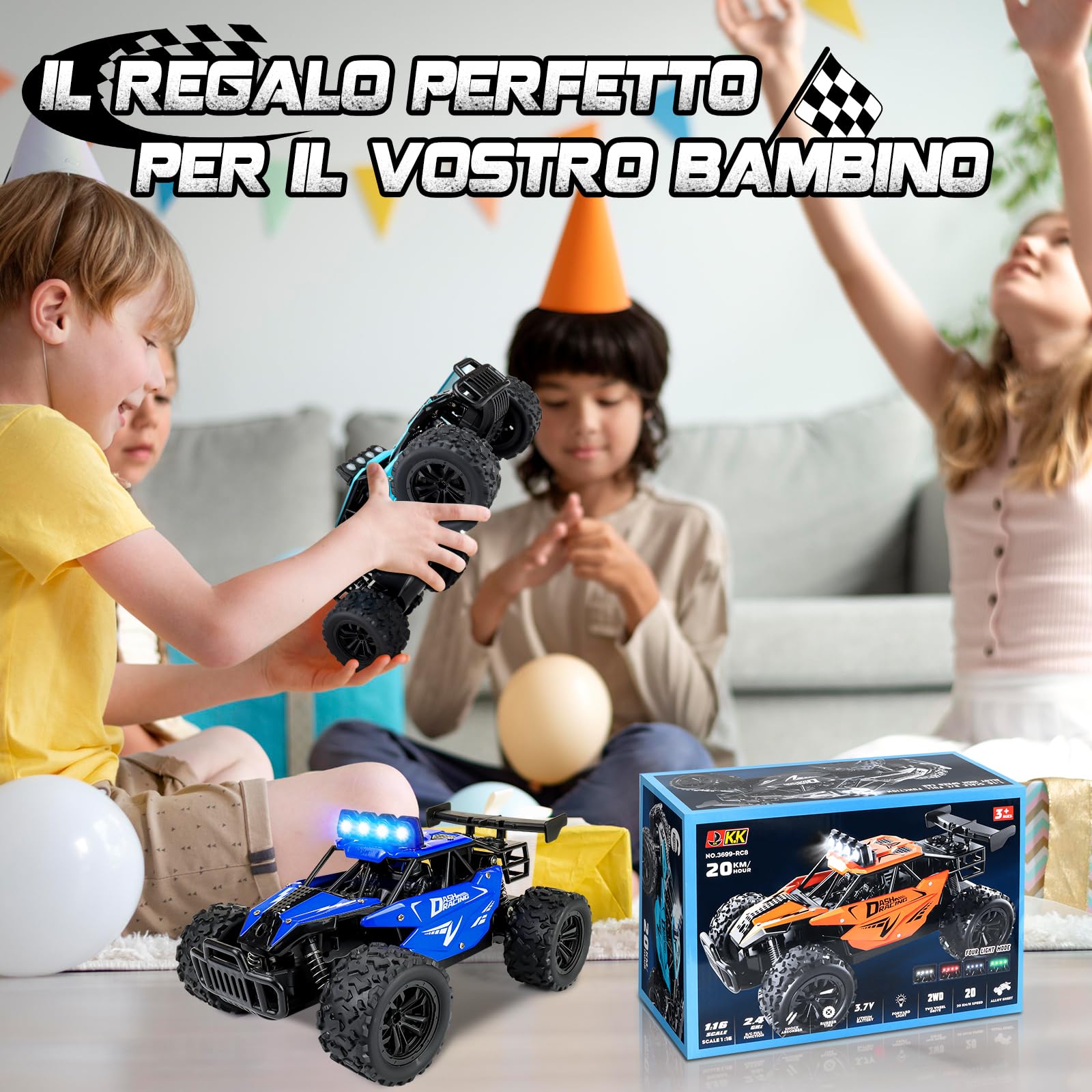 Joellfuner Macchina Telecomandata per Bambini, 2.4Ghz 1:16 Macchina Radiocomandata con Luce LED Quattro Colori, 20KM/H Monster Truck Telecomandato con marce alte e basse per bambini 3+ anni (Blu)