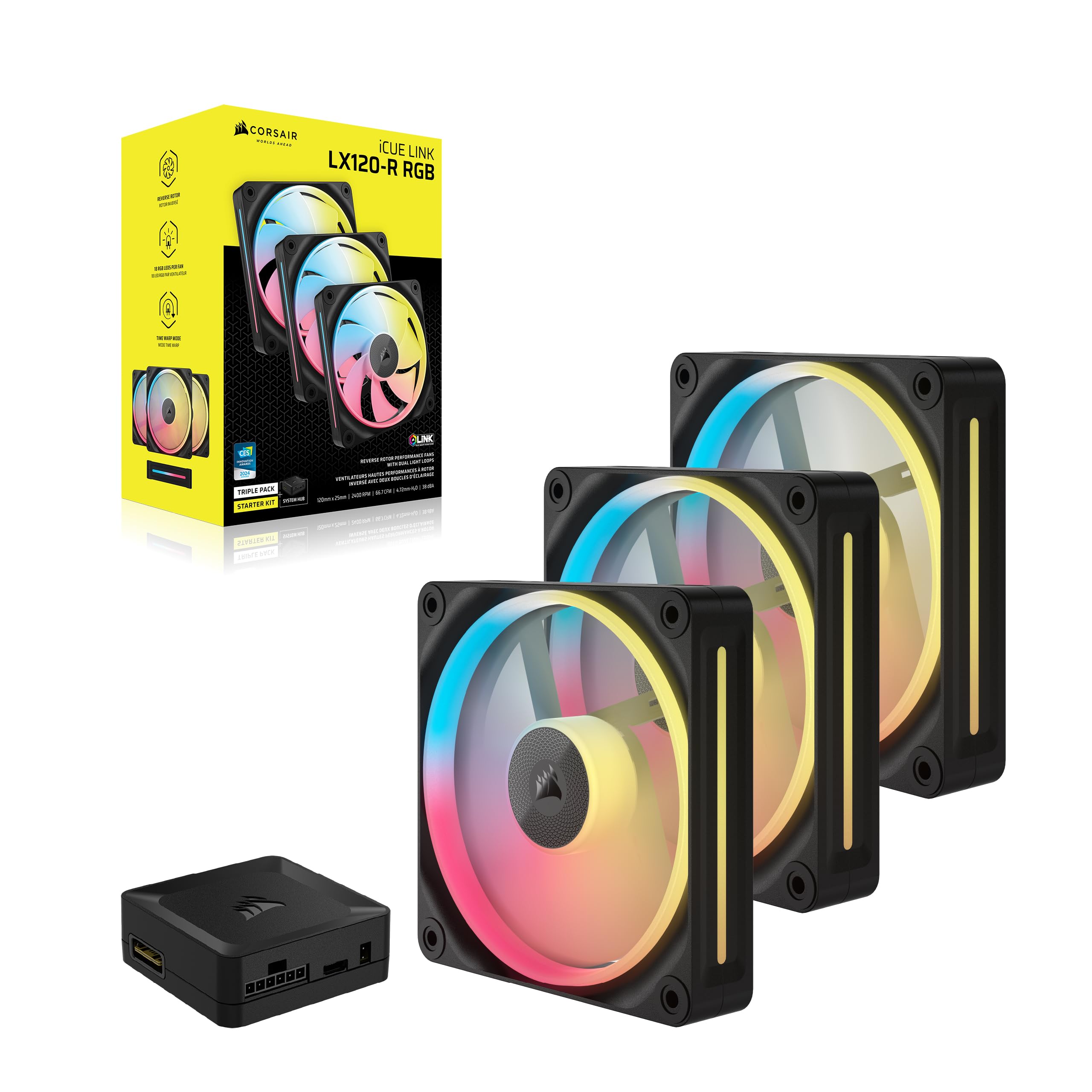 CORSAIR iCUE Link LX120-R RGB 120mm PWM Ventilateur Inversés – Kit Triple Ventilateur – Faible Bruit, CORSAIR Palier à Dôme Magnétique, Double Boucle Lumineuse, Vis QuikTurn™, Mode Zéro RPM – Noir