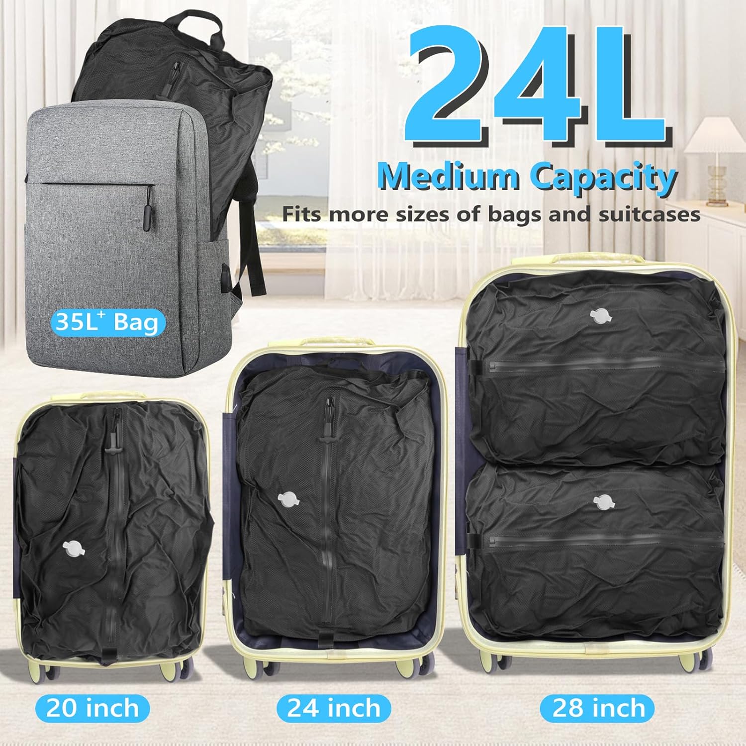 Dobaly 24L Vacuum Bags for Travel, IP67 Reusable Vacuum Seal Bags for Carry On Suitcases Vacuum Packing Cubes for Luggage and Backpack Space Saver Lightweight&Durable(2PC No Pump)