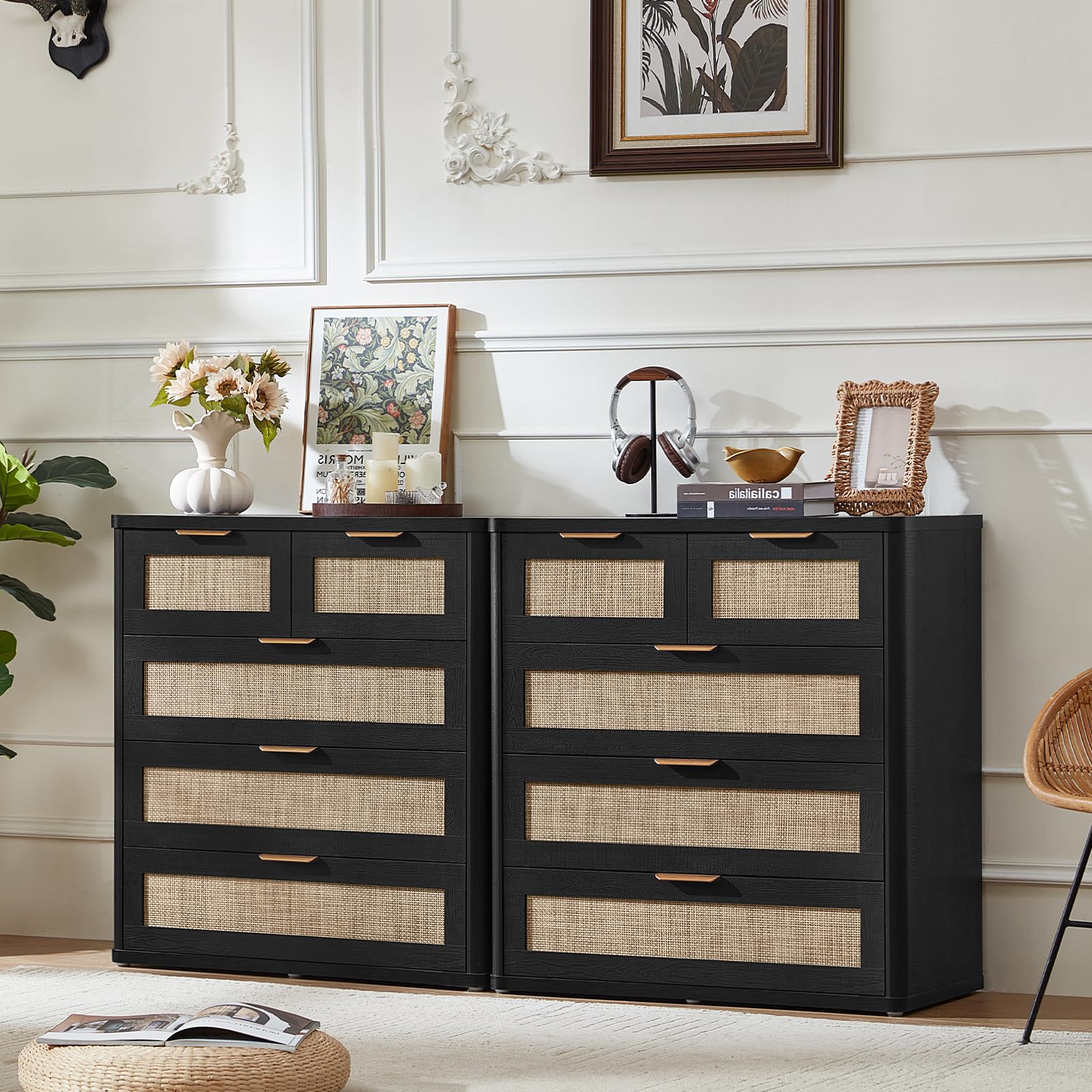 LEYAOYAO Rattan Dresser for Bedroom Set of 2, 33.5" Tall Chest of Drawers, Modern 5 Drawers Boho Dressers with Storage, Light Oak Dresser Wooden Closet Organizer for Living Room, Hallway, Black