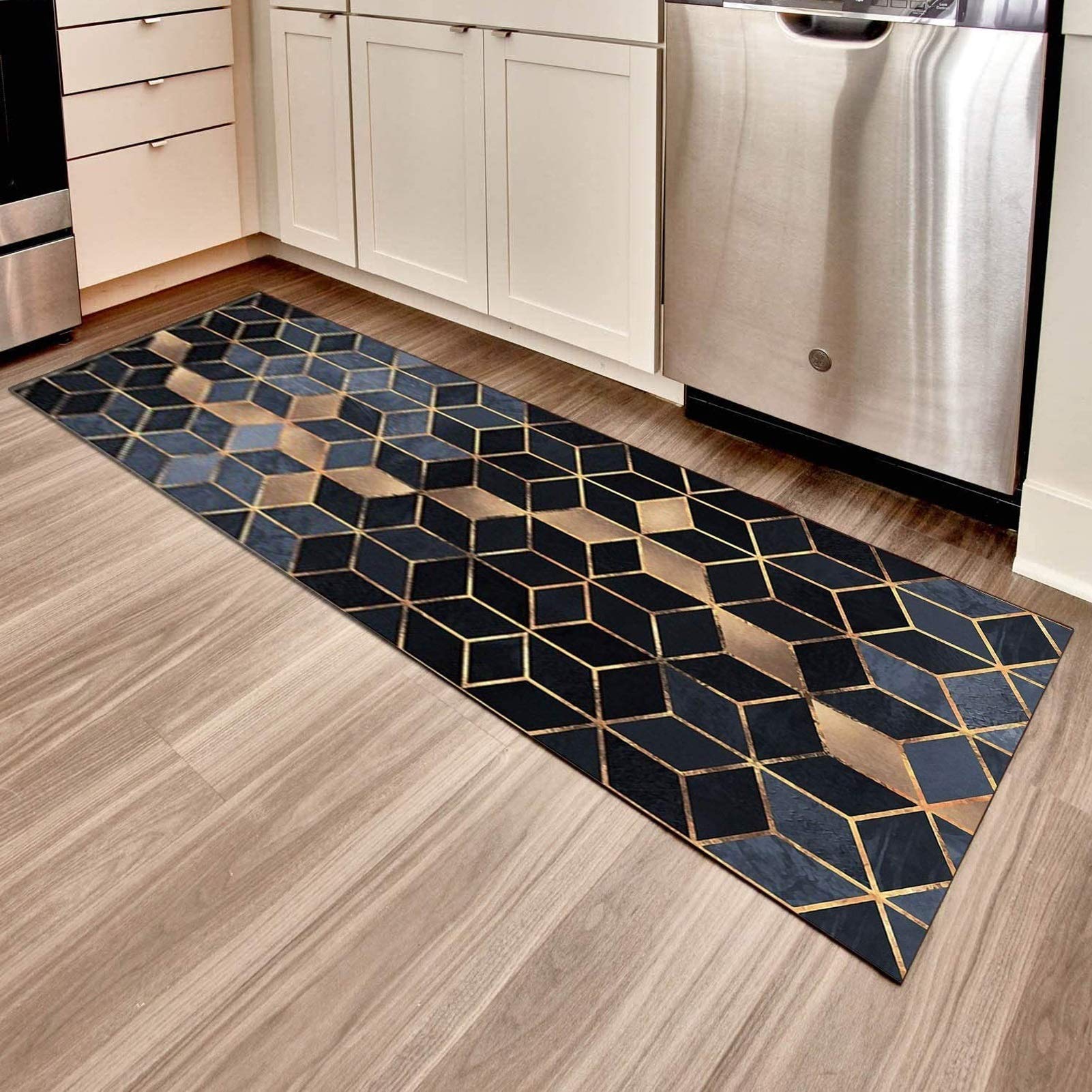 Yjrbz Gold Kitchen Carpet Runner Rugs, Geometry Long Carpets For Hallway/Corridor/Stairs, Polyester Washable Thick Floor Non Slip Mats - Black/Gray/ (Size : 80×300Cm)
