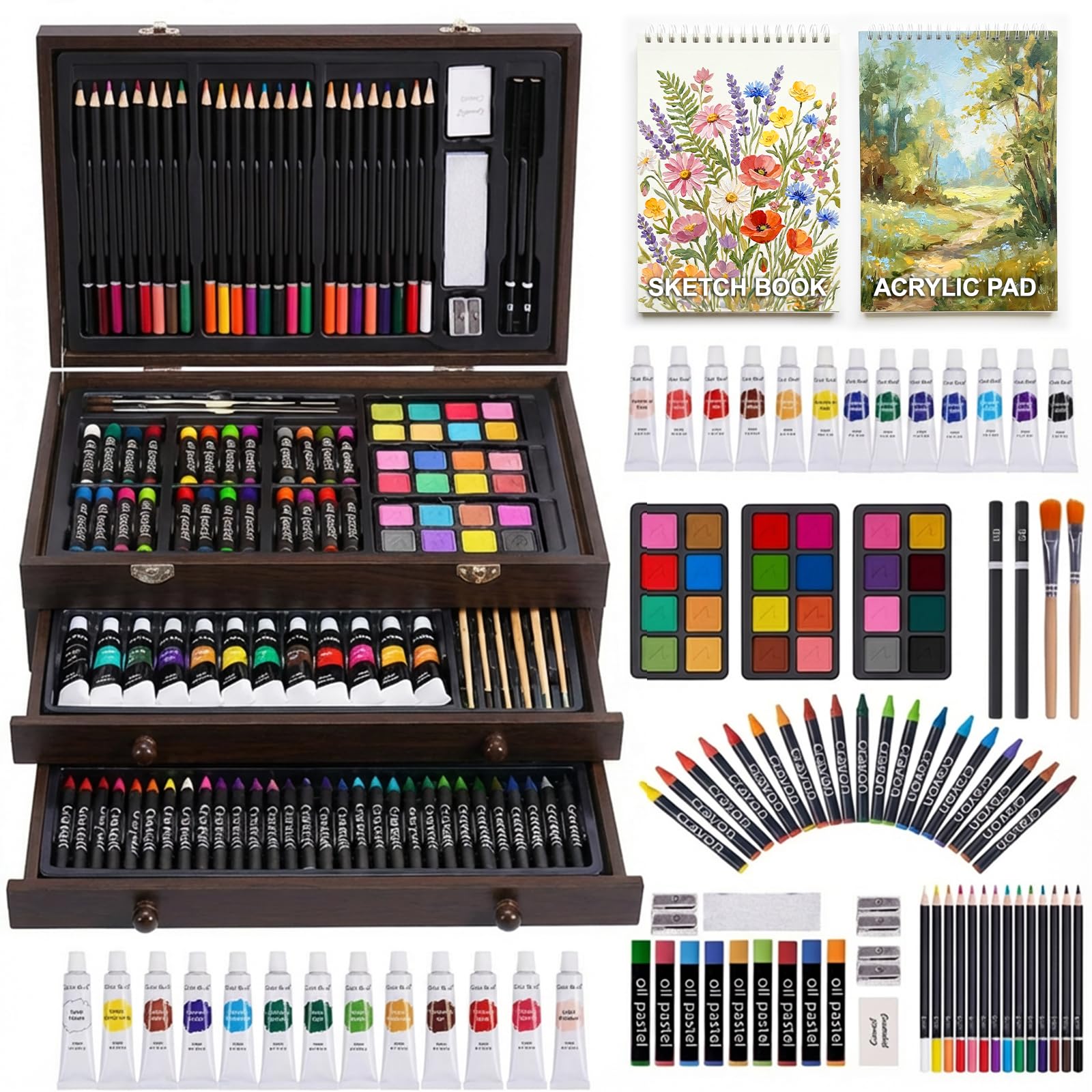 175-Pack Deluxe Wooden Art Set Drawing Painting Kit with 2 Drawing Pads, Acrylic Paints, Colored Pencils, Crayons, Paint Brush, Art Kit in Wooden Case, Gift for Artist, Adults, Teens and Kids