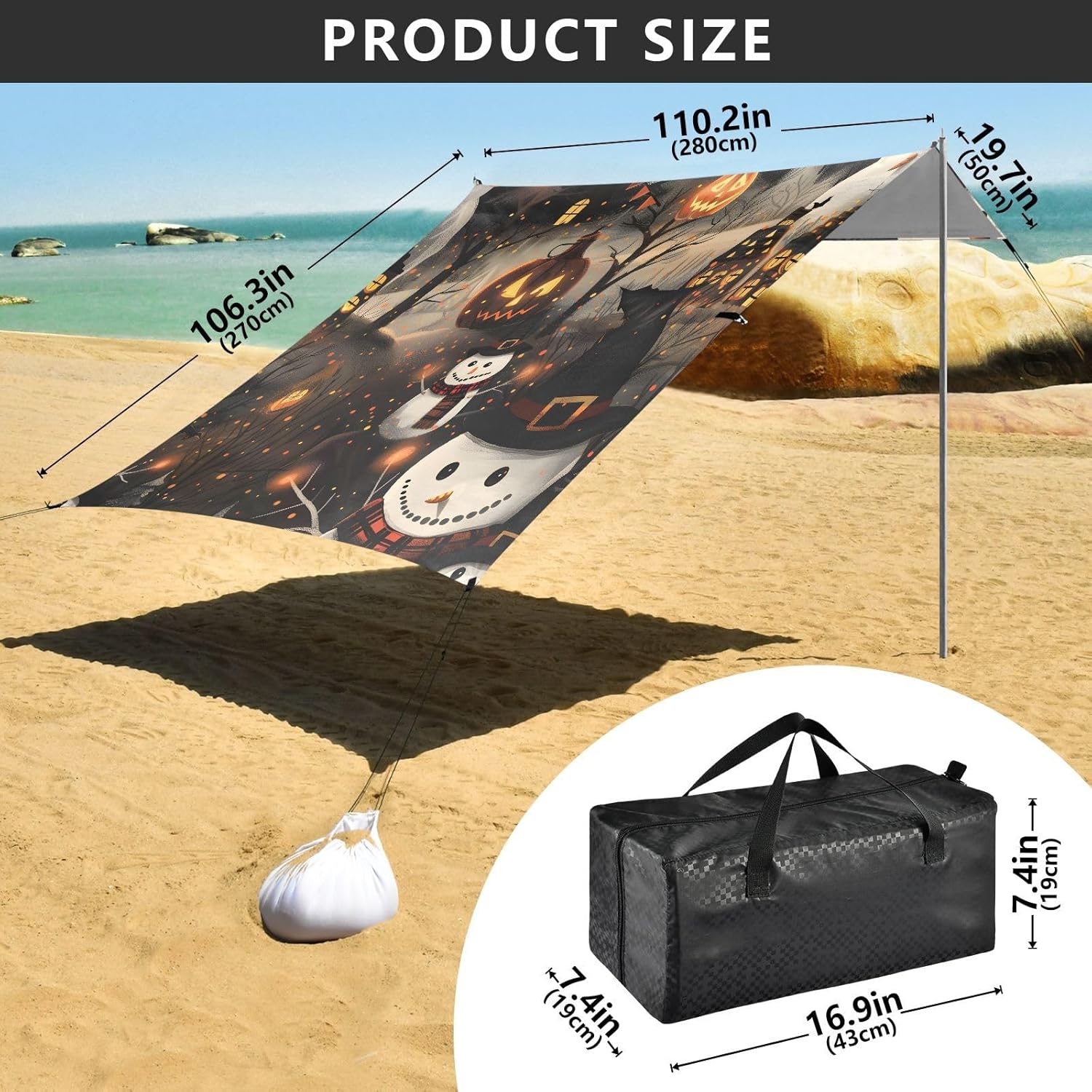 ALAZA Halloween Pumpkin Snowman Beach Tent Sun Shelter UPF50+ Protection Beach Shade Canopy w/ 4 Sandbags for Outdoor Camping, Fishing, Backyard Fun, Picnic, 10x9 ft