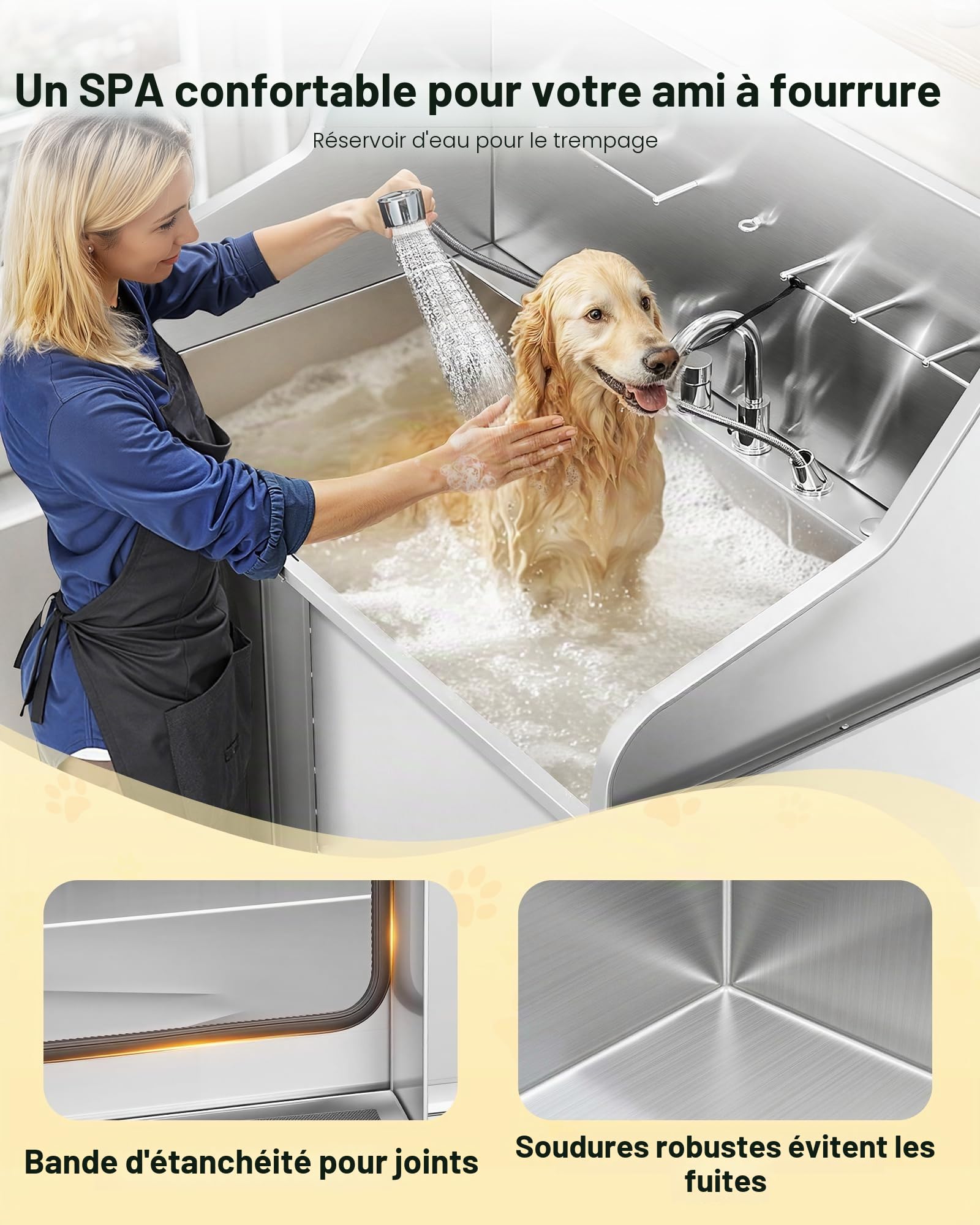 VEVOR Baignoire de Chien Acier Inoxydable, Baignoire de Toilettage pour Animaux de Compagnie 127,5 cm Station de Lavage Chat, avec Rampe, Panneau Filtre à Eau, Robinet, Pommeau de Douche, Porte Droite
