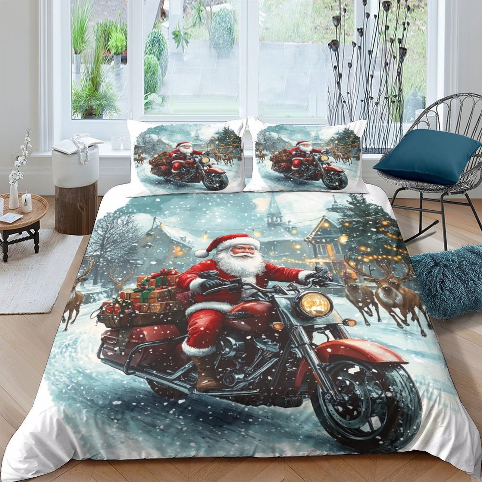 Ctjqhvkz Style-7 3D Printed Santa Motorcycle Fitted Sheet Microfiber Christmas Reindeer Bed Cover For Bedroom Guest Room Decor Single（135X200cm）