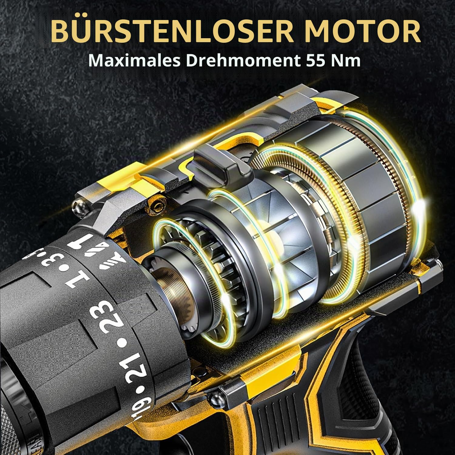 Akkuschrauber,21V Akku Bohrschrauber Set mit 2 Akkus 2.0Ah,Akkubohrer 55Nm Drehmoment,23+3 Drehmomentstufen,10mm Bohrfutter,2-Gang,LED-Licht,24tlg Zubehör und Koffer für Haus und Garten DIY Projekt